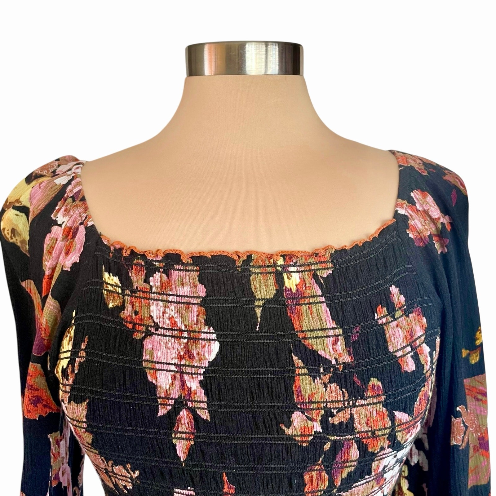 Hem & Thread Dark Floral Y2K Crop Top Womens L Smocked Milk Maid Fairy Grunge