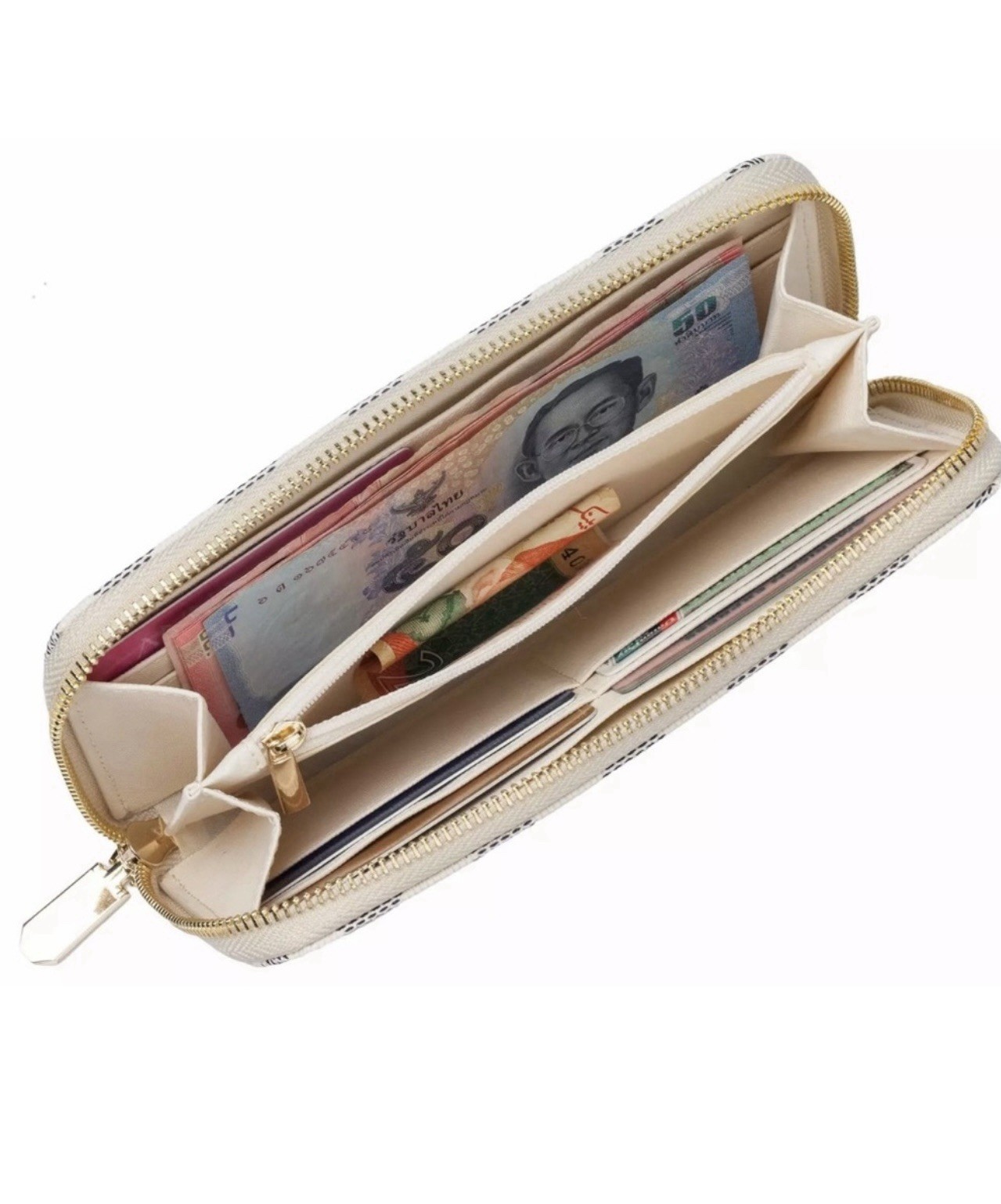 Cream Off White/ Grey Checkered Zip Wallet Clutch Wristlet Coin Card Cash Purse