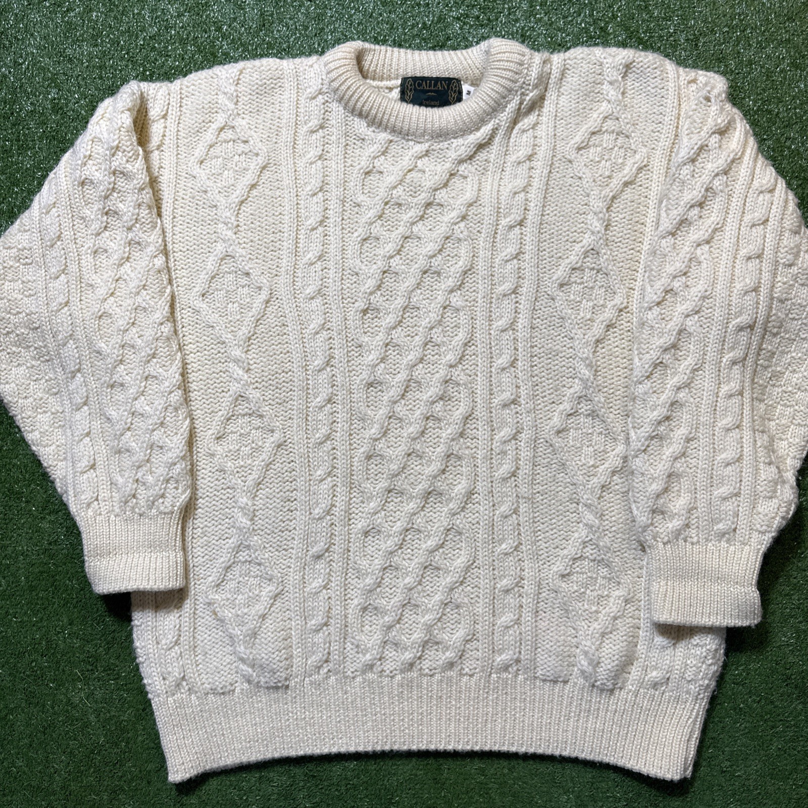 Callan Knitwear Sweater Mens Medium Ivory Pure Merino Wool Cable Knit Ireland