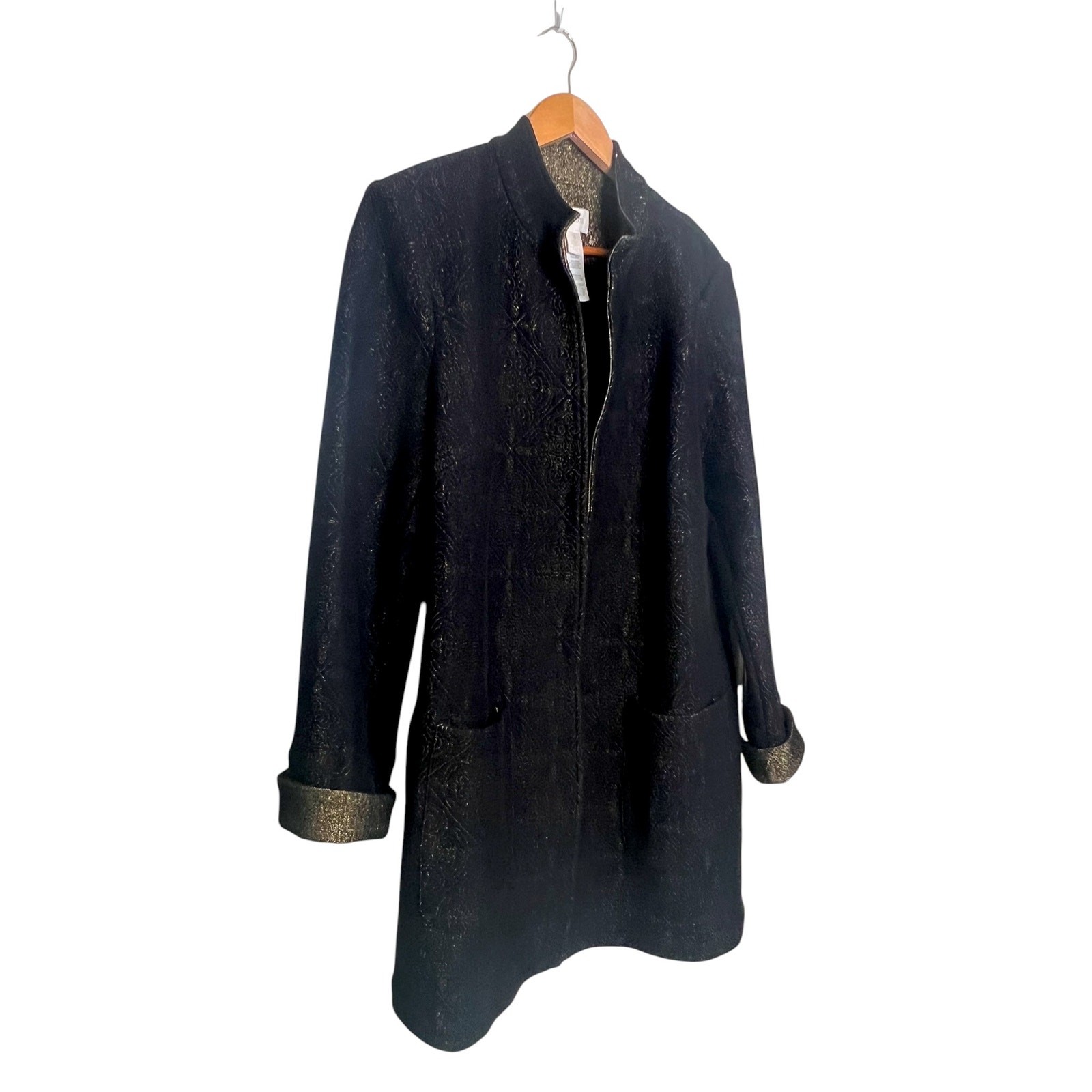 Chico’s Women’s Size 3-XL Open Front Longline Duster Jacket Black Gold Metallic