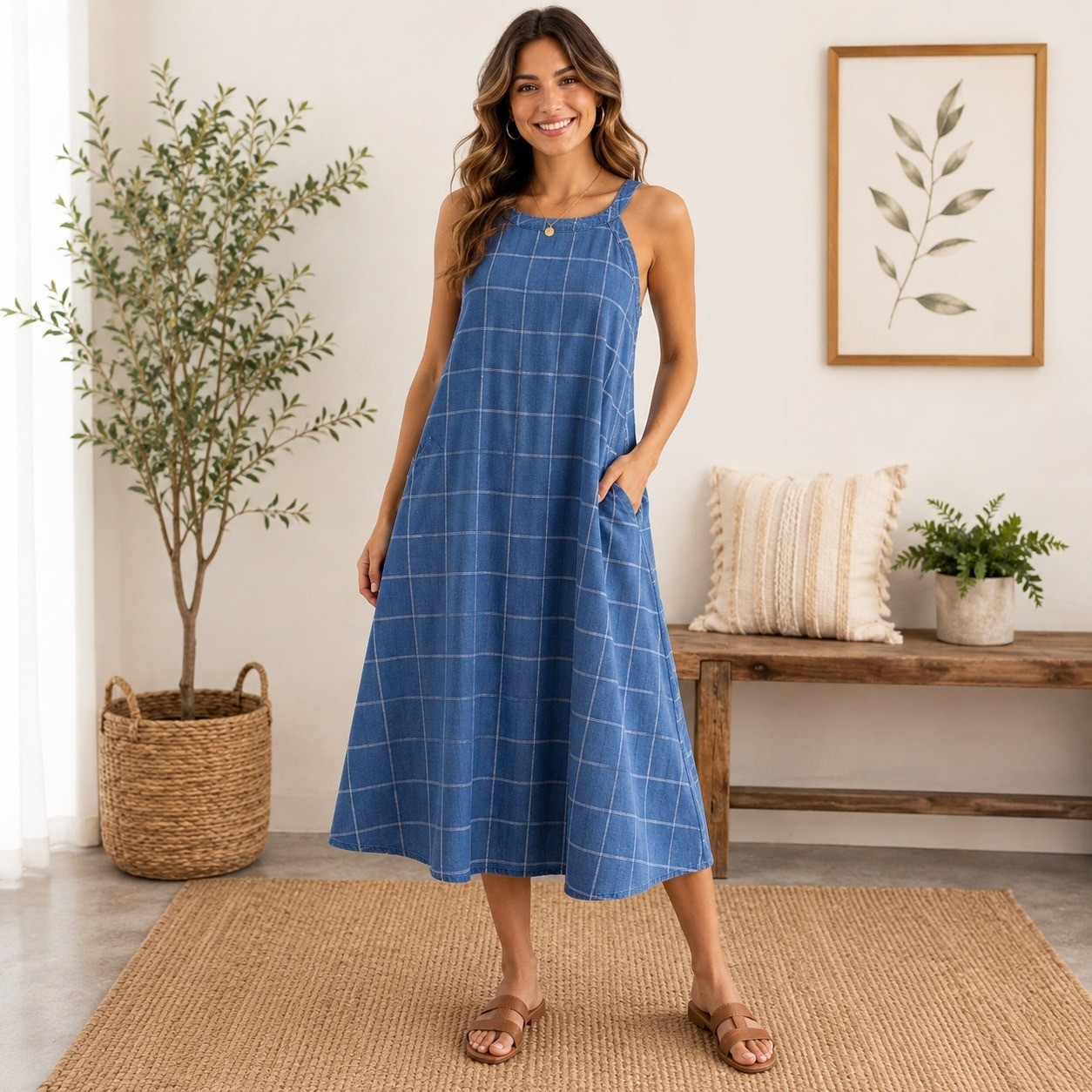 A New Day Chambray Windowpane Midi Dress Coastal Cottagecore Pockets Blue SZ M
