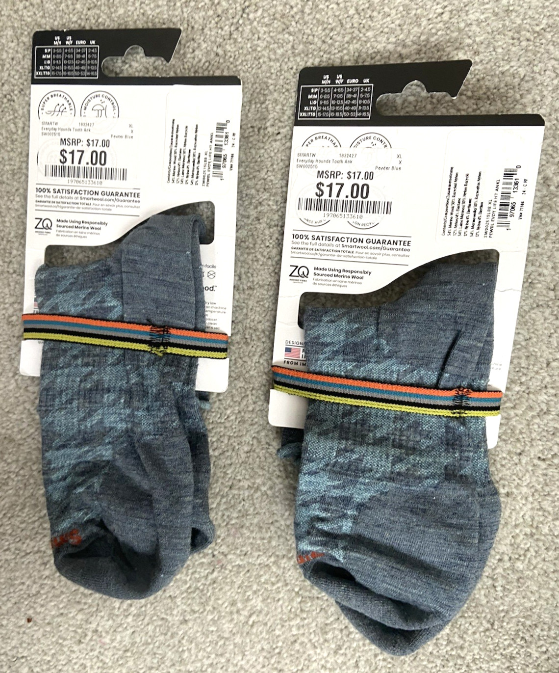 Lot of 2 pairs Smartwool Everyday Zero Cushion Houndstooth Ankle Socks Blue XL