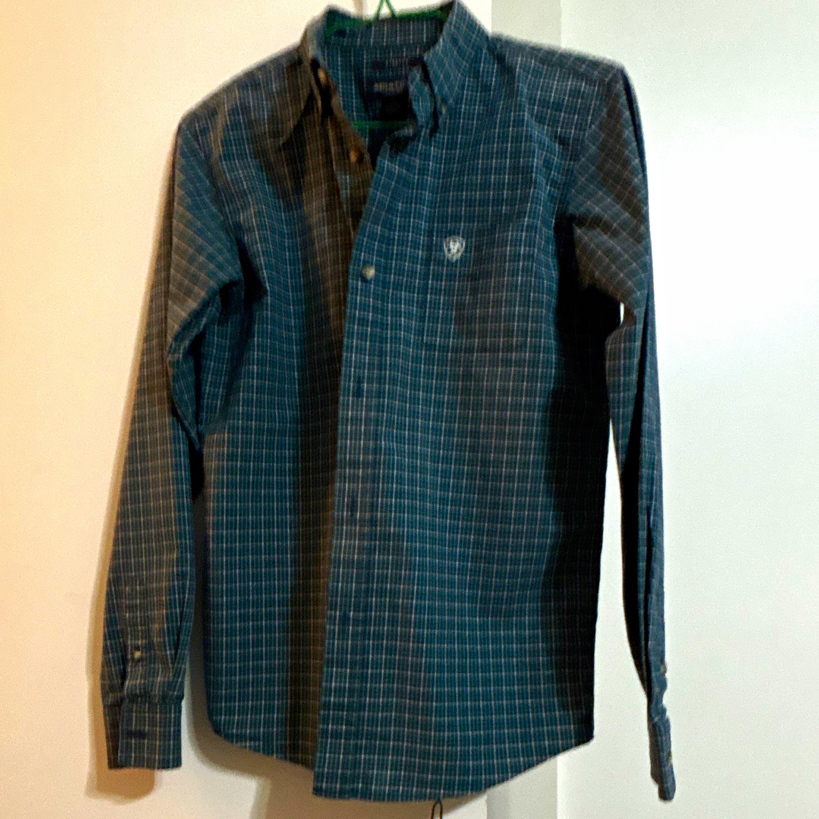 Ariat Pro Series Boys Size L/G 14-16 Plaid Blue Green Collared Stretch Shirt