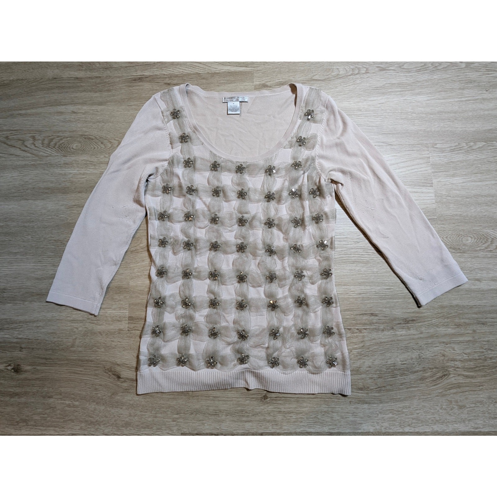 Alberto Makali Sequin Rosette Sweater Womens Medium M Pink Knit 3/4 Sleeve Top