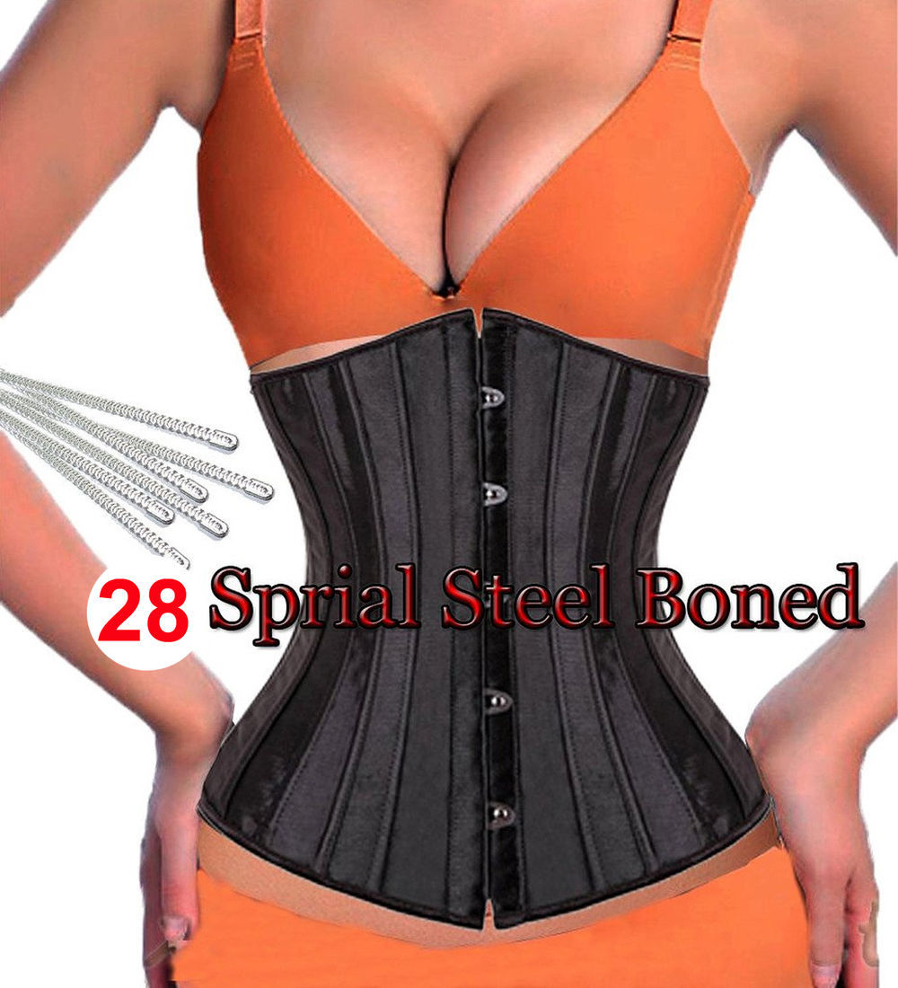 28X Spiral Steel Boned Waist Trainer Satin Lace Underbust Corset Torso Shapewear