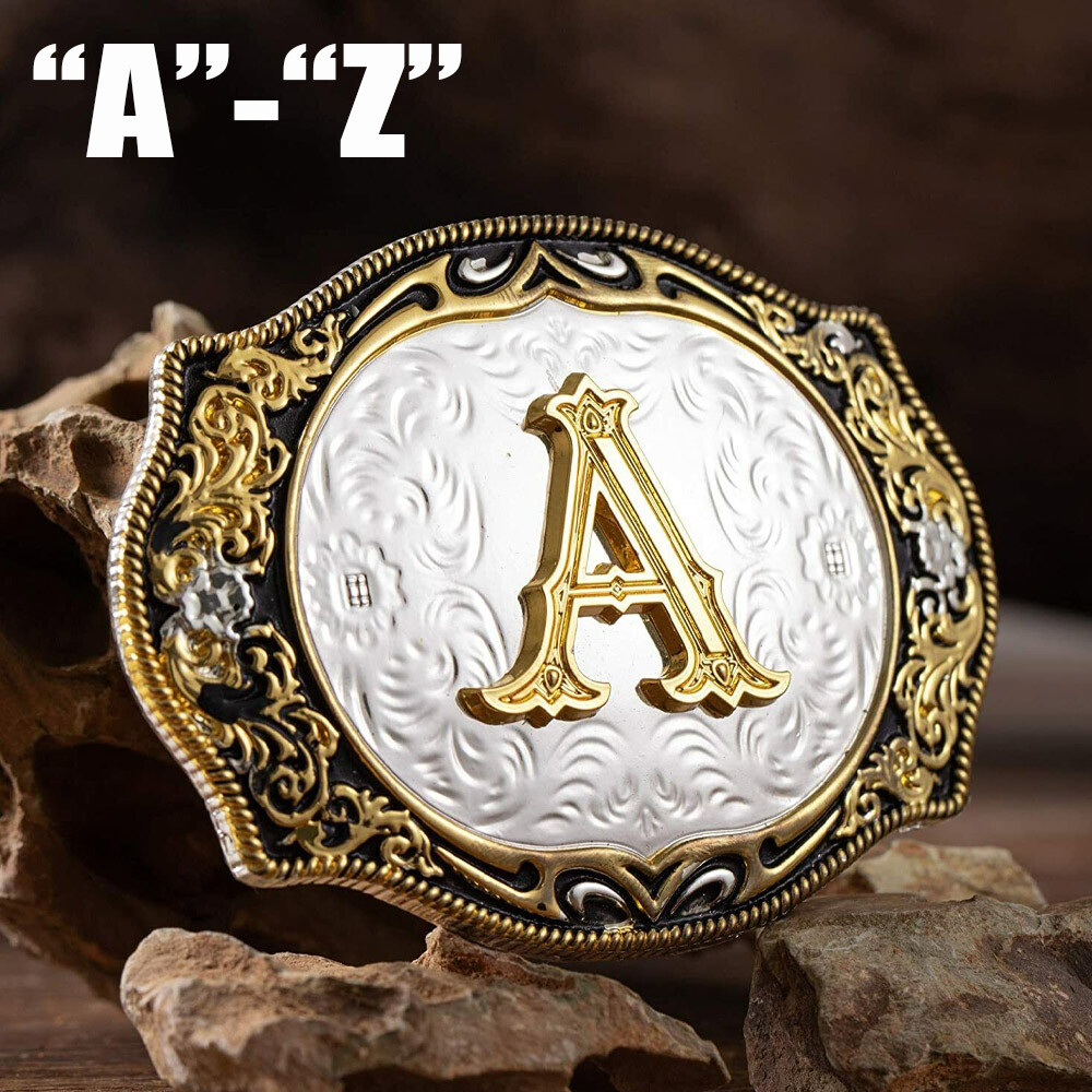 INITIAL ” A-Z ” RODEO COWBOY LETTER SHINE GOLD SILVER WESTERN BELT BUCKLE US