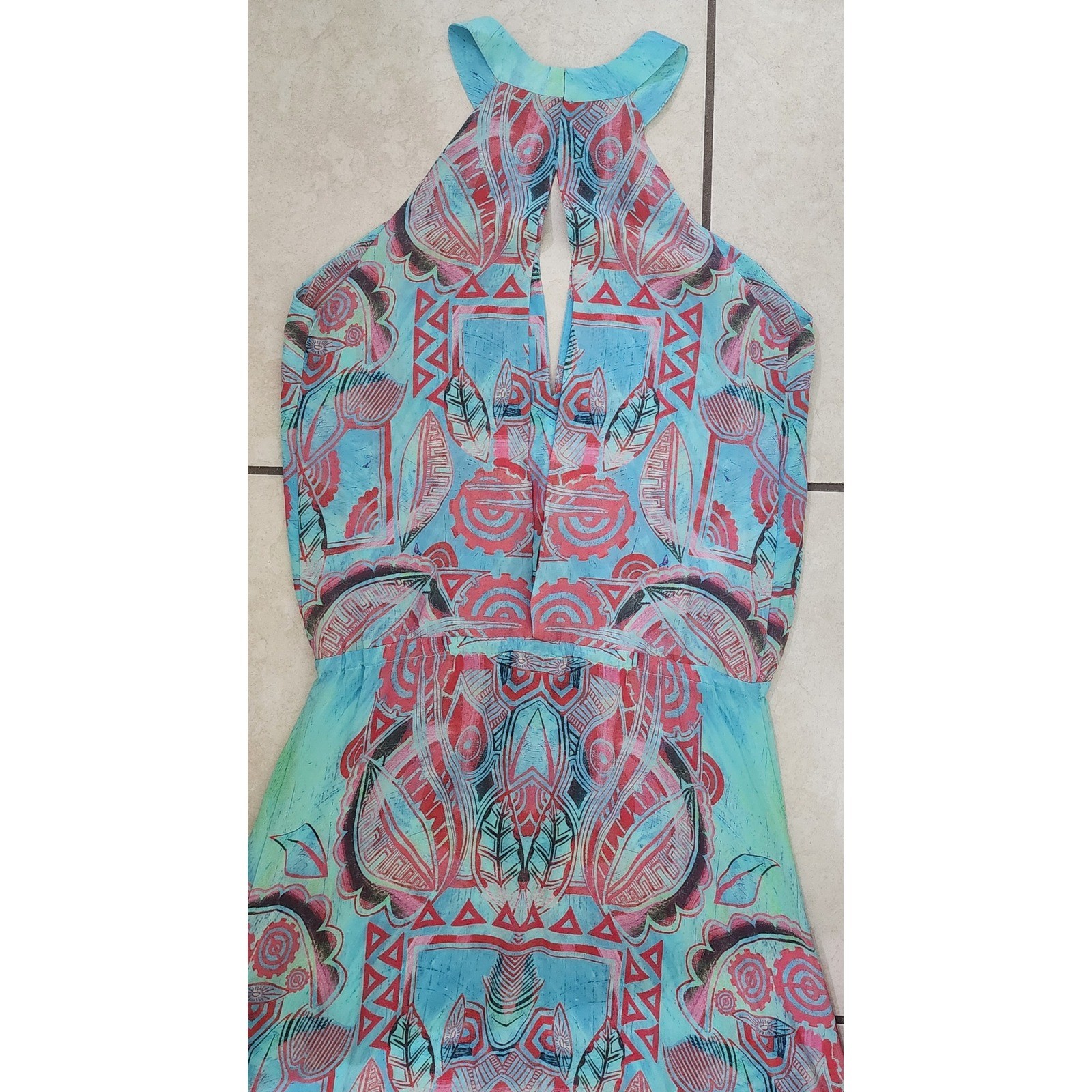 Tribal Print Halter Maxi Dress Turquoise Coral Geometric Keyhole Back Floor