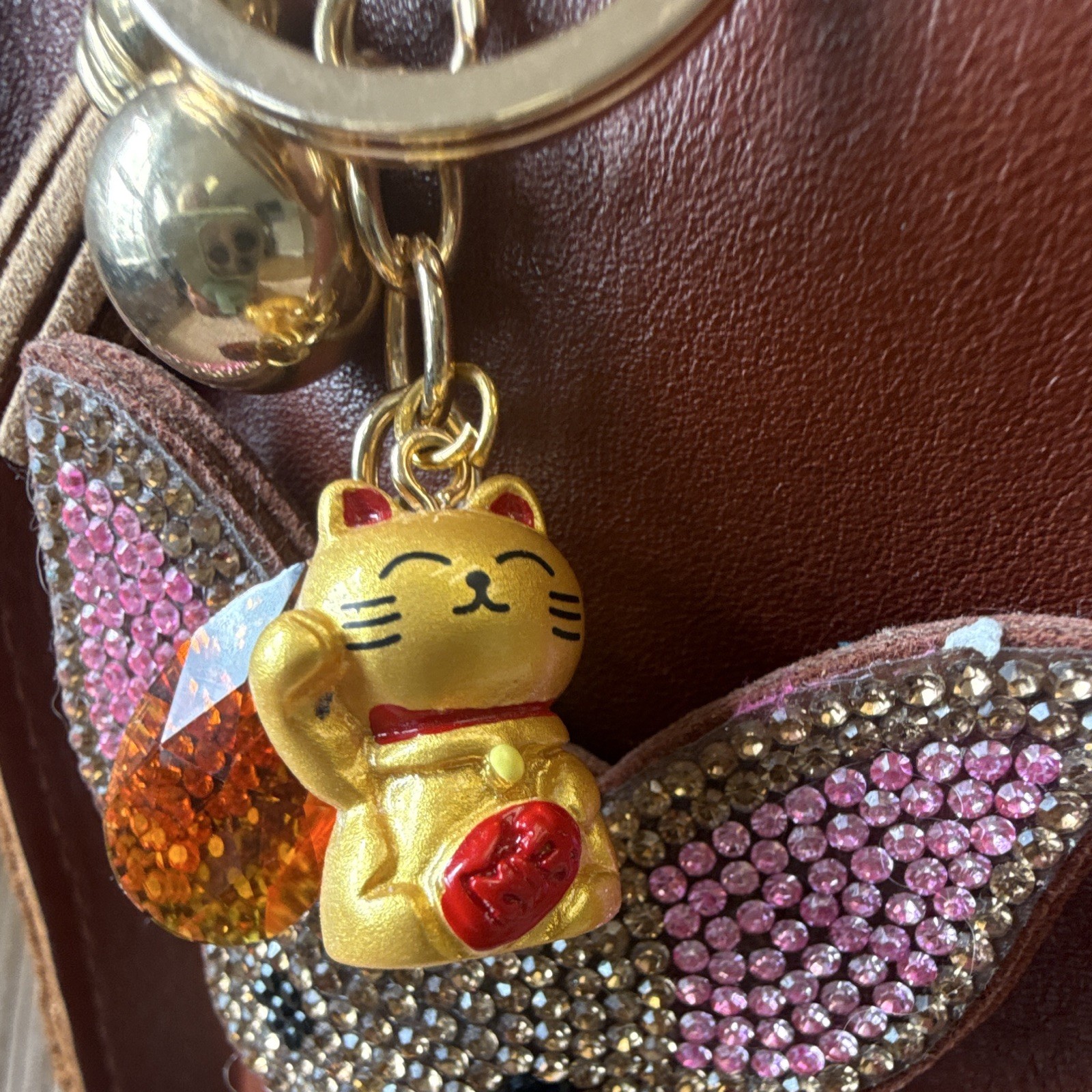 Rhinestone Dog & Maneki-neko Key Chain Bag Charm Tassel Clip 6in Gold Pink