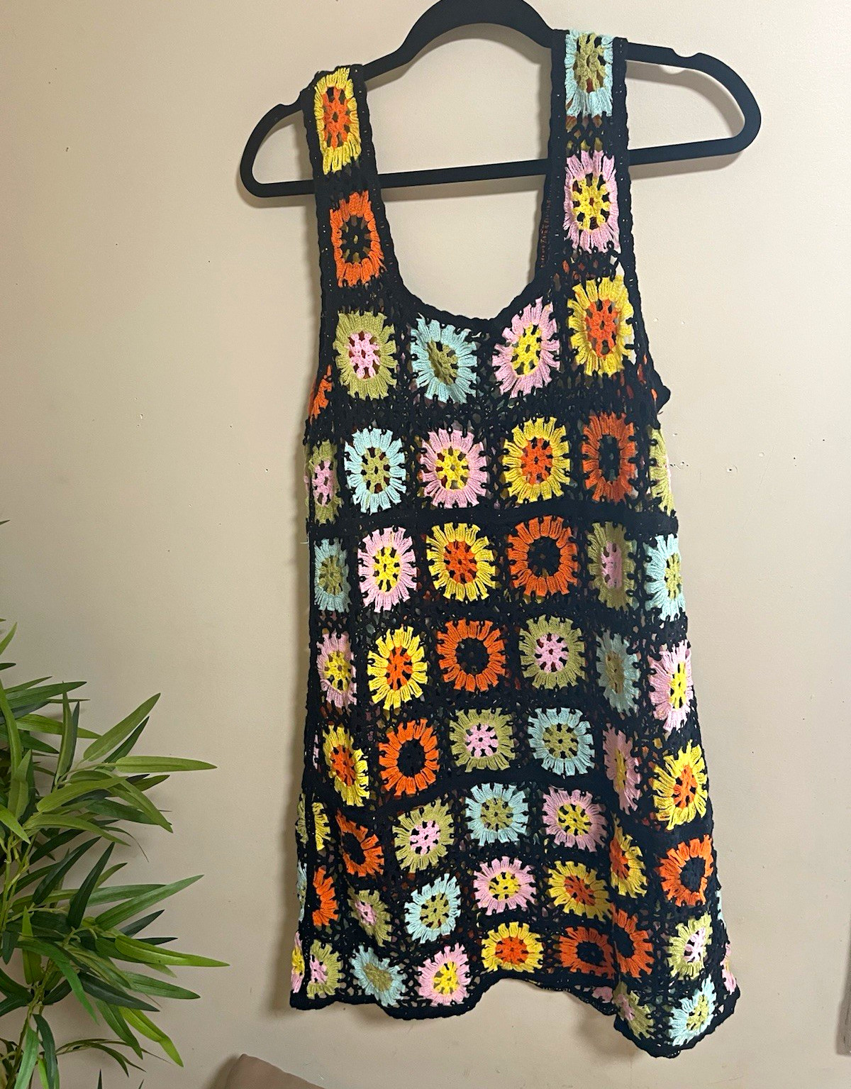 India Boutique Multicolor Crochet Granny Square Tank Top Square Neck One Size