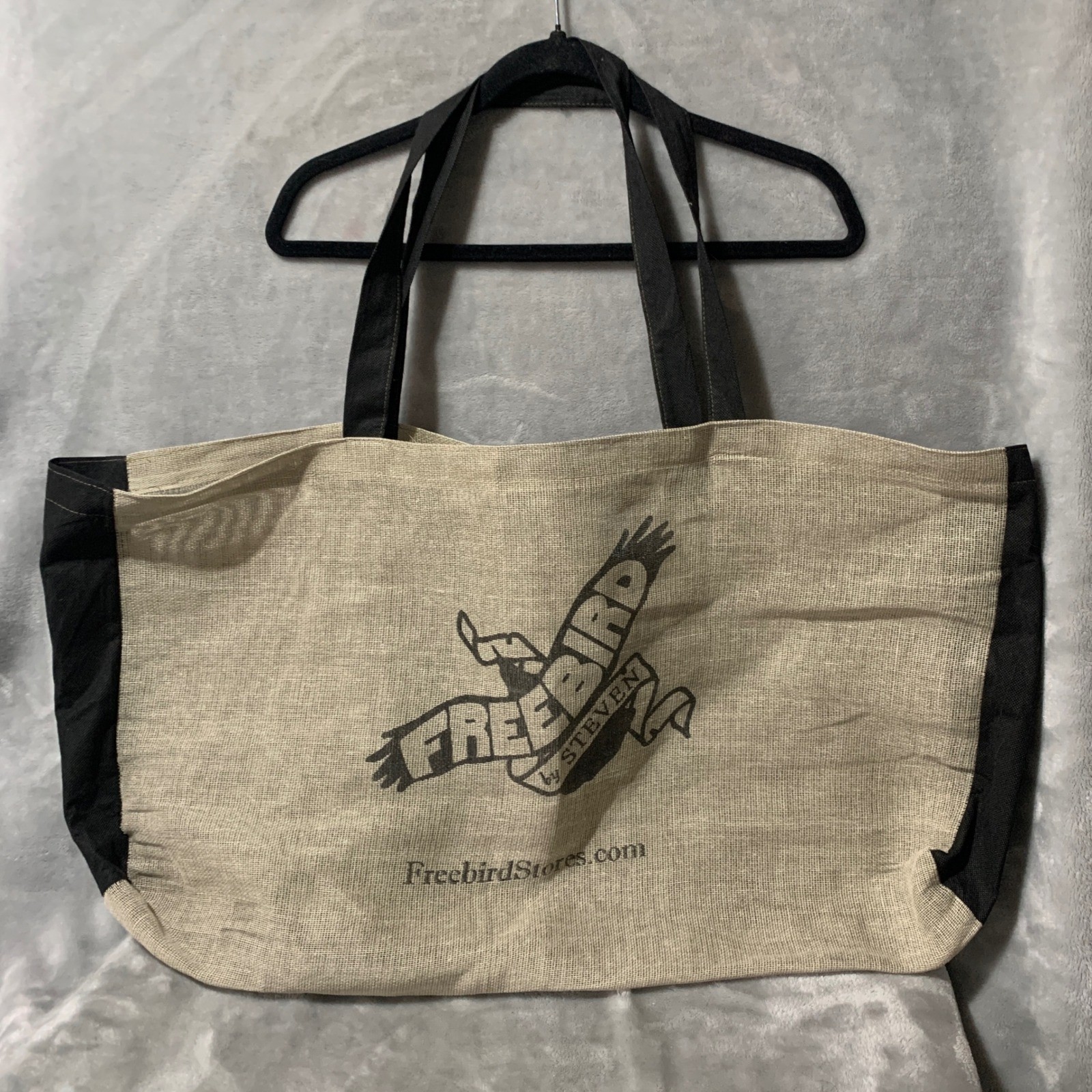 Freebird by Steven Oversized Burlap Tote Bag Black Tan Woven Shopper Large 29×16