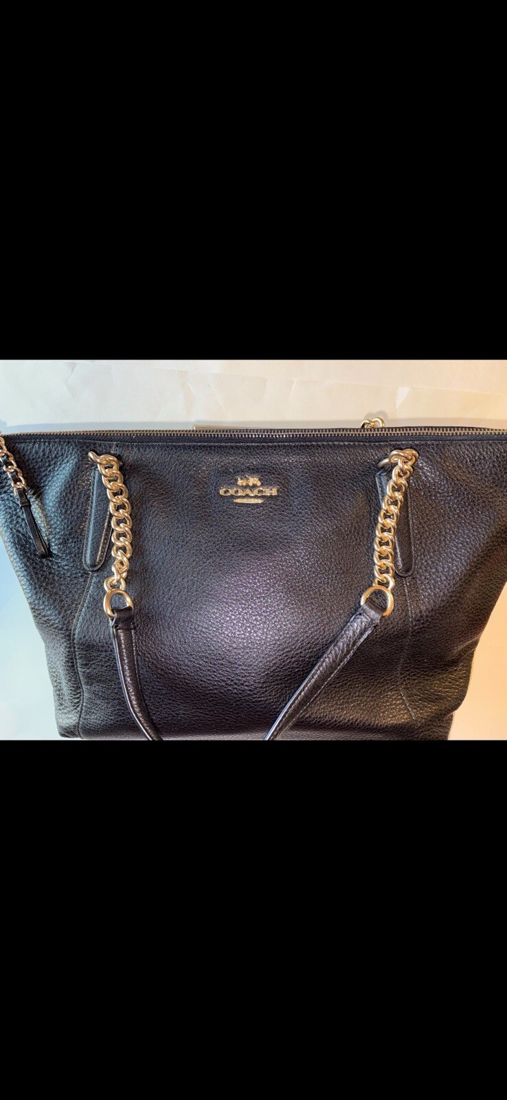 Ava Black Pebble Leather Chain Tote Bag by Coach