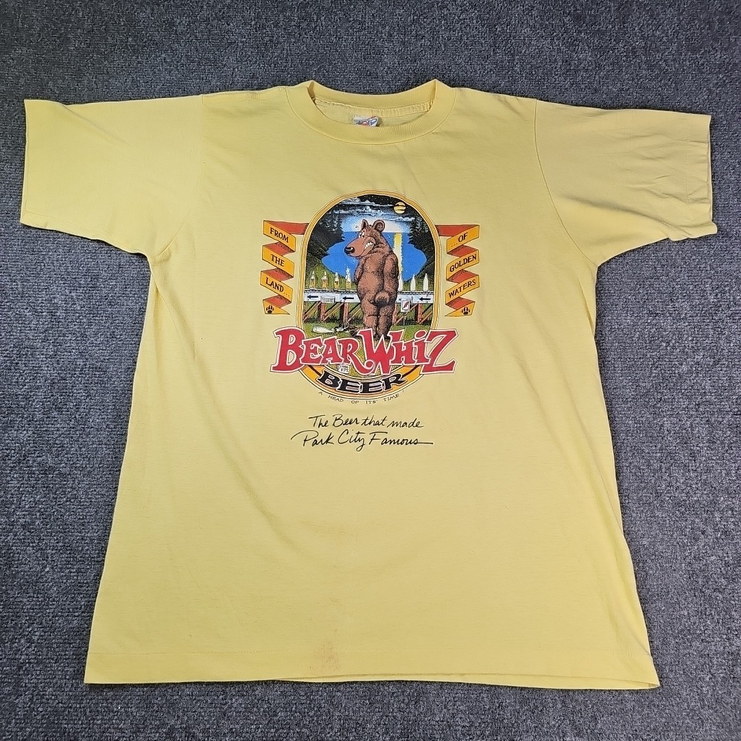 Vintage 80’s Single Stitch Bear Whiz Beer Humor Promo Yellow T Shirt Size Large