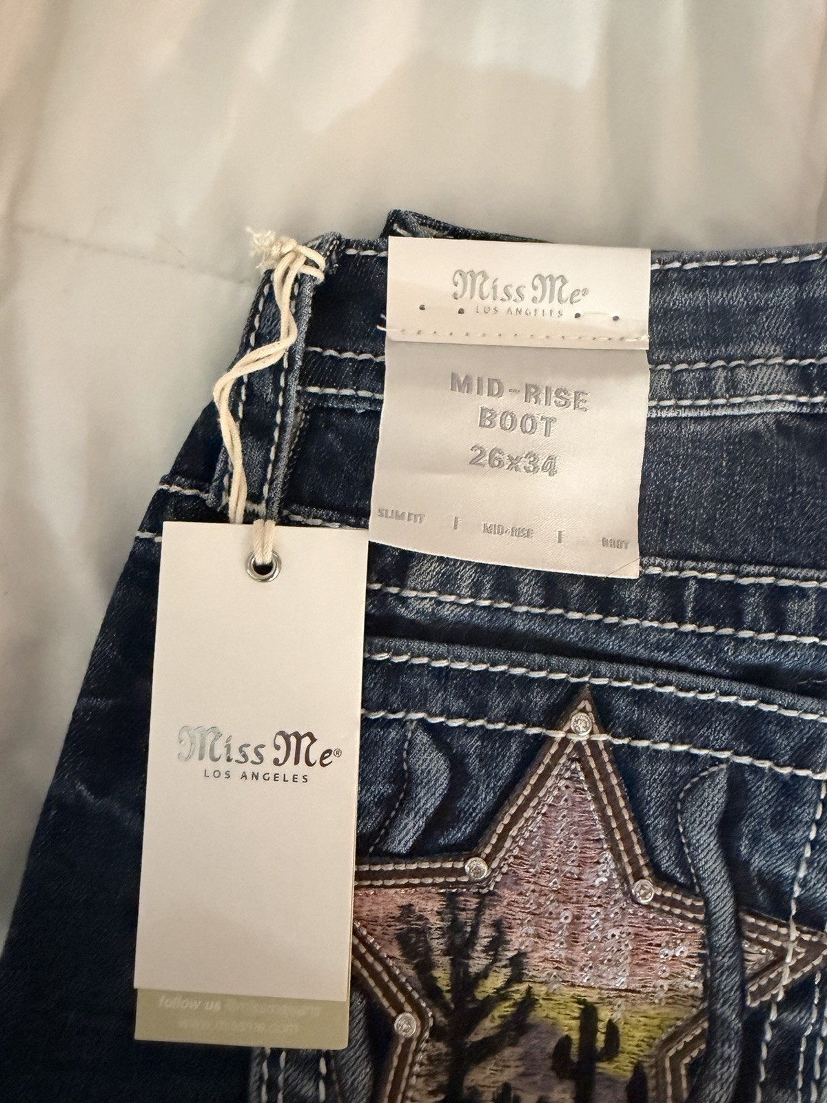 Miss Me Women’s Mid-Rise Bootcut Jeans 26 Blue Dark Wash Rhinestone Embroidered