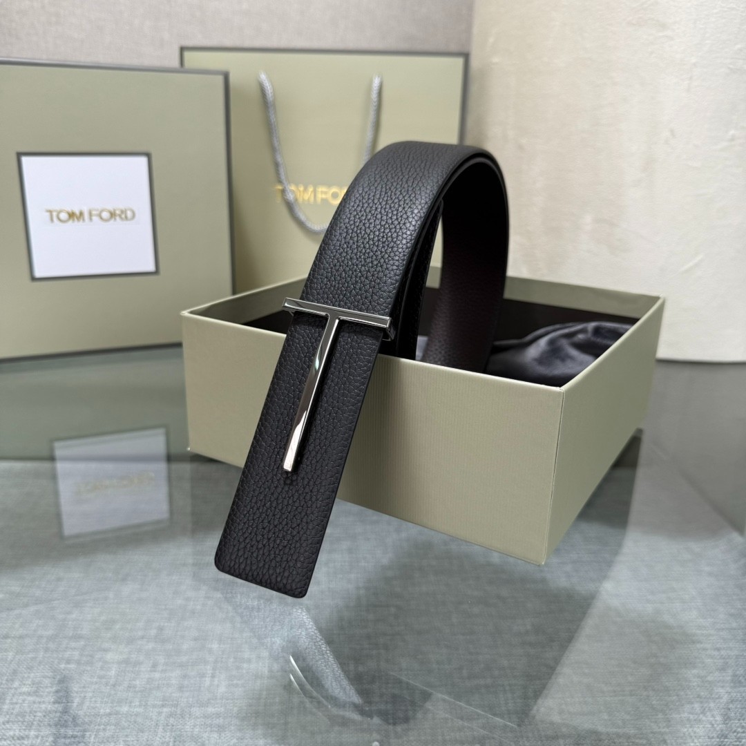 Tom Ford Belt Reversible T-Buckle Black/Brown Calfskin Leather Belt