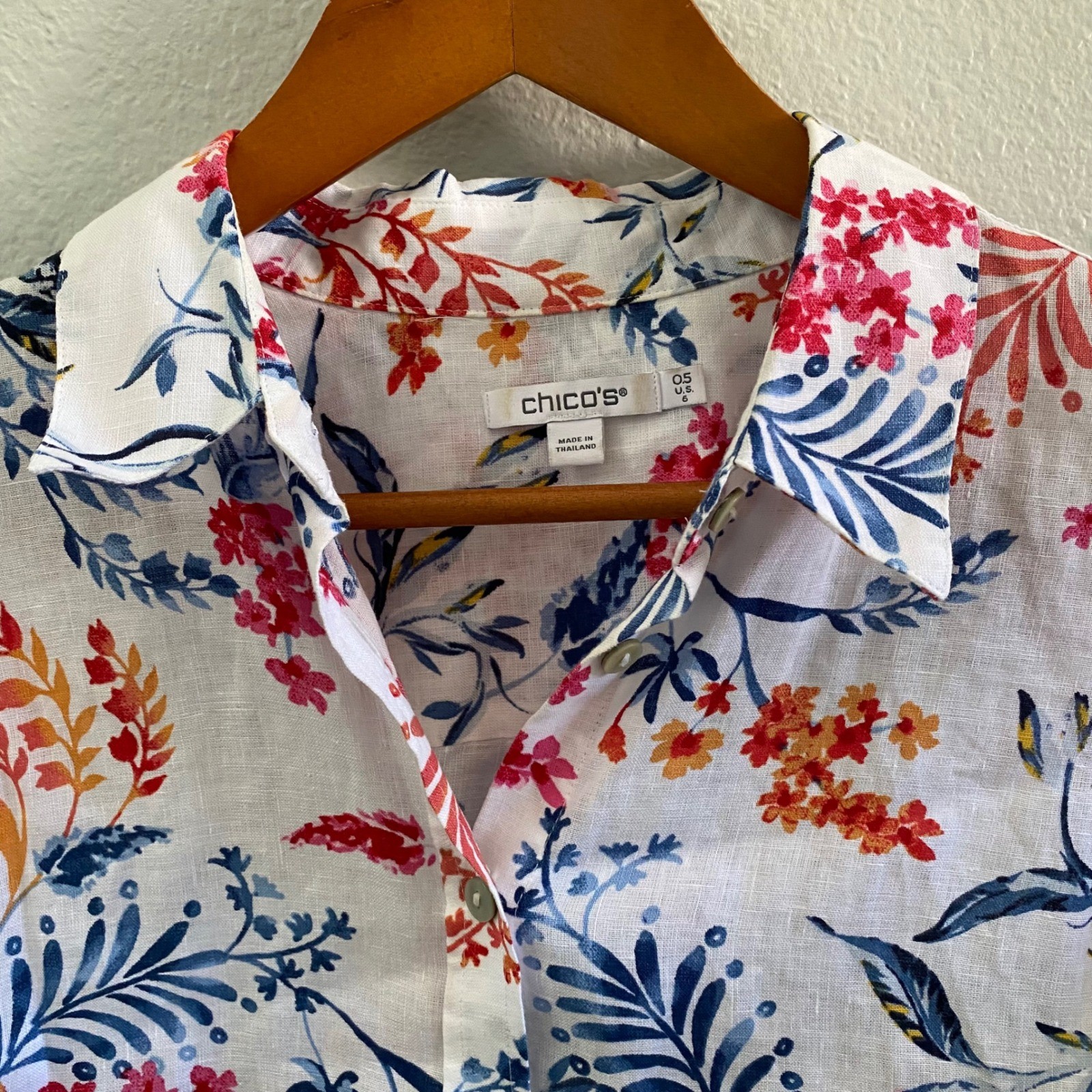 Chicos Floral 100% Linen Button Down Shirt White Blue Pink Orange US 6 570367210
