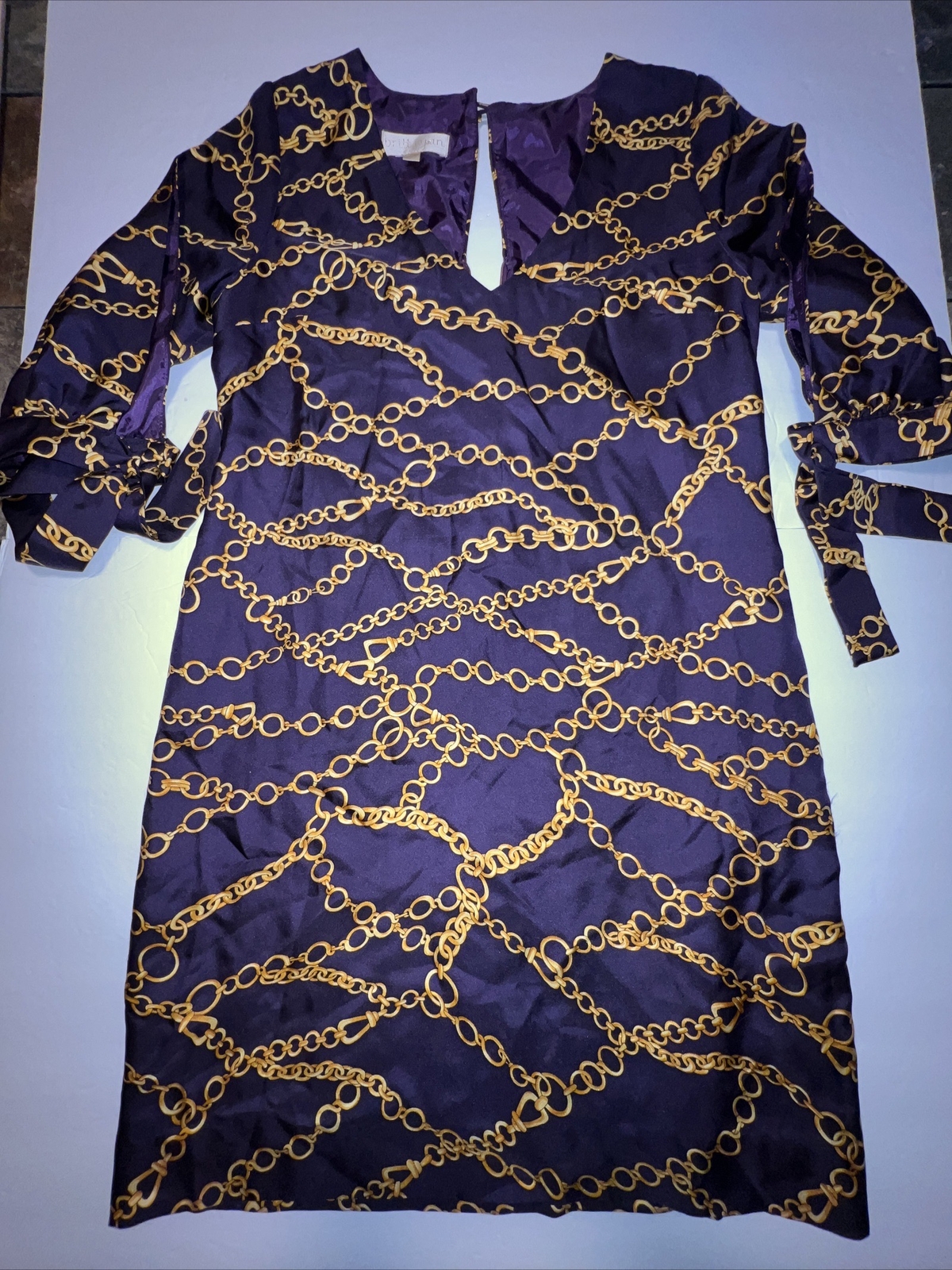 Britt Ryan Dress Women’s Silk Chain Link Rope Print Purple Gold Lined Size 4