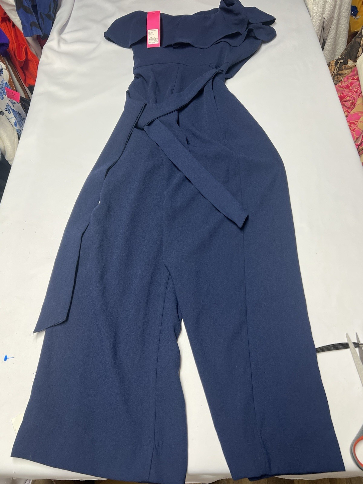 Lilly Pulitzer Lyra True Navy Flounce One Shoulder Sash Belt Crepe Jumpsuit 00