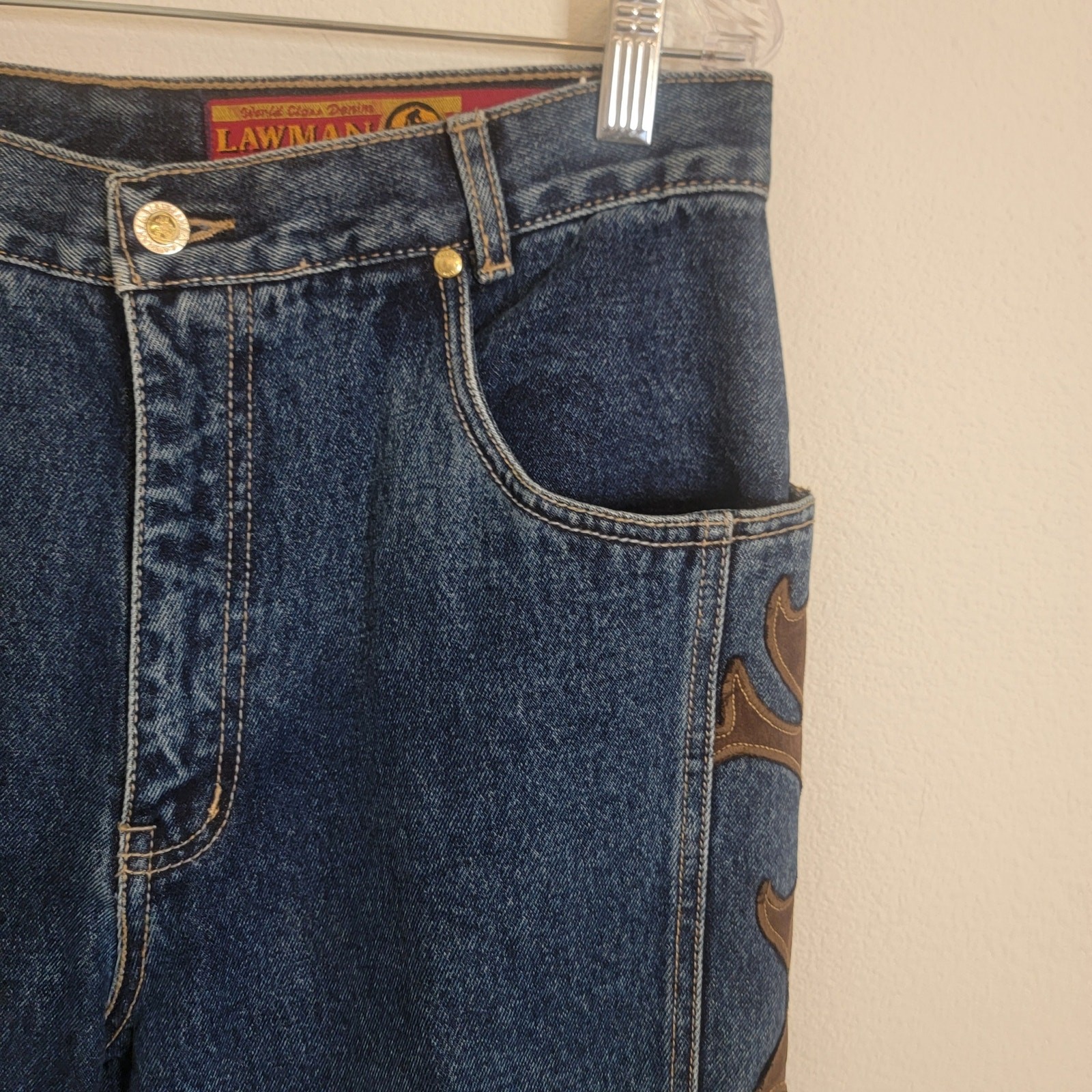 Vintage Lawman Jeans 32×33 Blue Western Leather Studded Pant Women Denim Tall