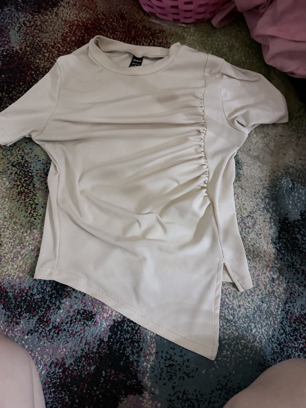 BCBGMAXAZRIA Women’s Beige Knit Crew Neck Ruffle Side Pullover Top Size S
