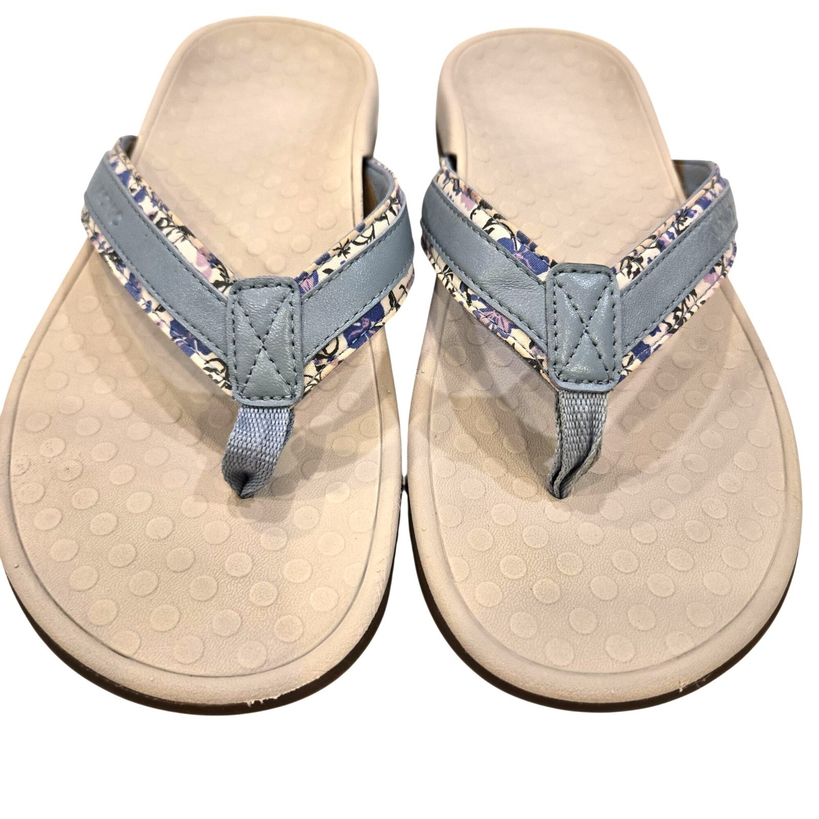 Vionic Tide Toe Blue Floral Leather Orthotic Comfort Flip Flops Thongs Sandals 8