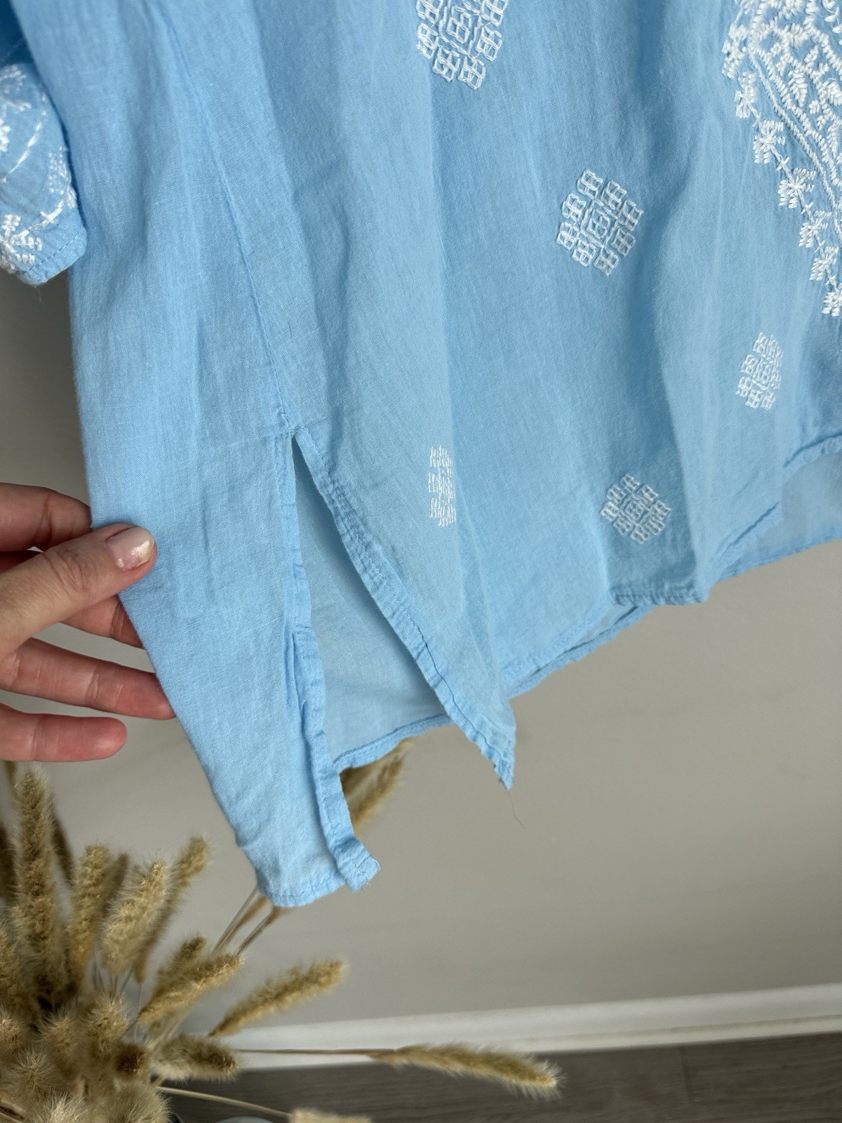 Surf Gypsy Blue Embroidered Cotton Tunic Boho Beach Cover Up Top Medium