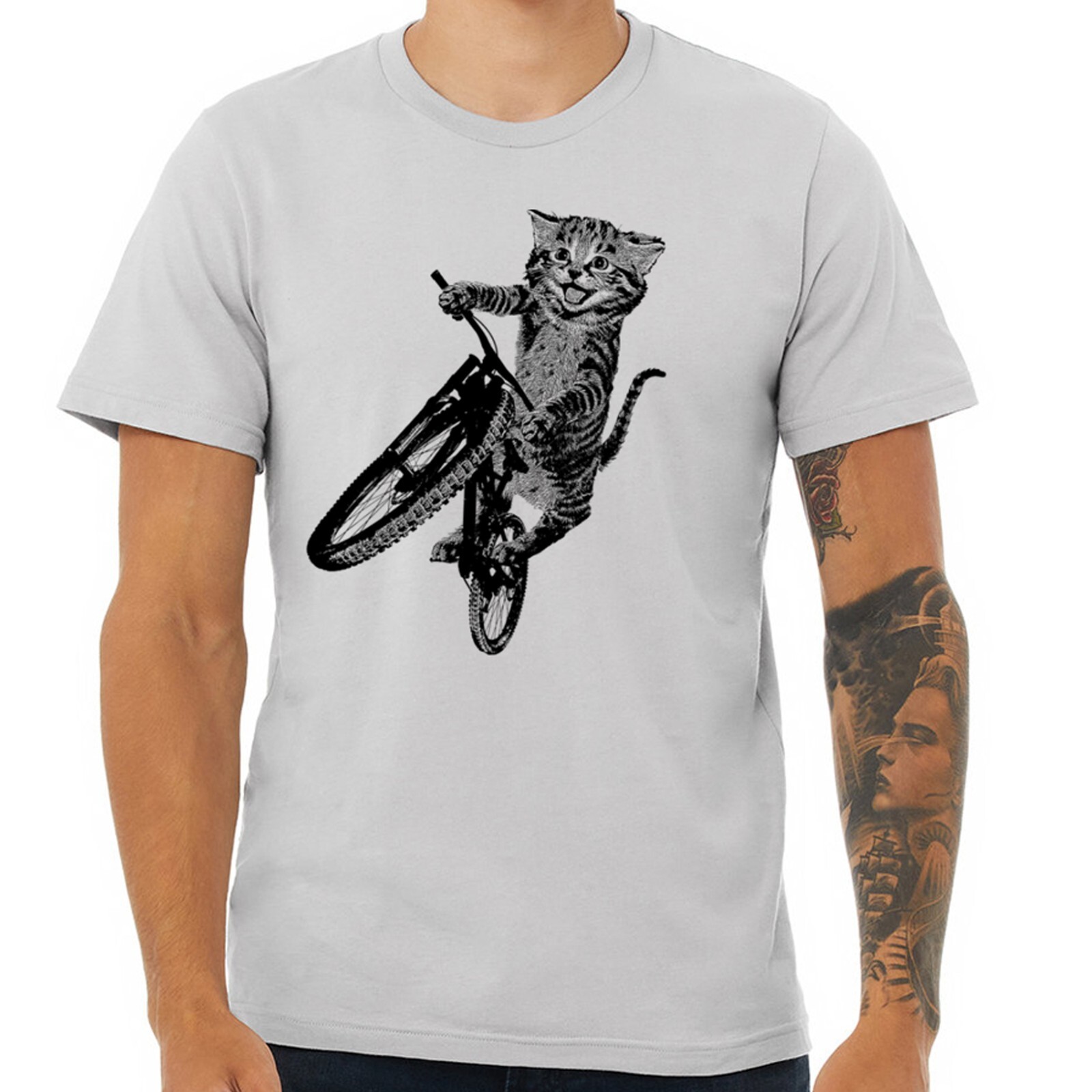 Cat Riding a Bicycle men’s Tshirt- Kitten Wheelie Tee shirt- Eco Friendly