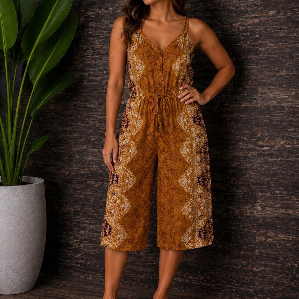Boho Mustard Print Wide Leg Jumpsuit Women’s Cropped Romper