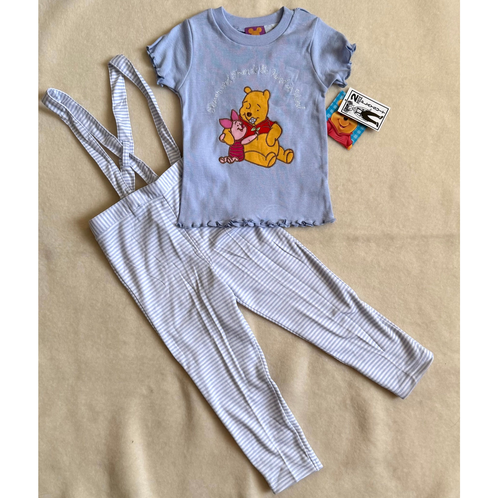 Vintage 90s Disney Winnie the Pooh Overalls Set Girls Size 2T Blue White Piglet