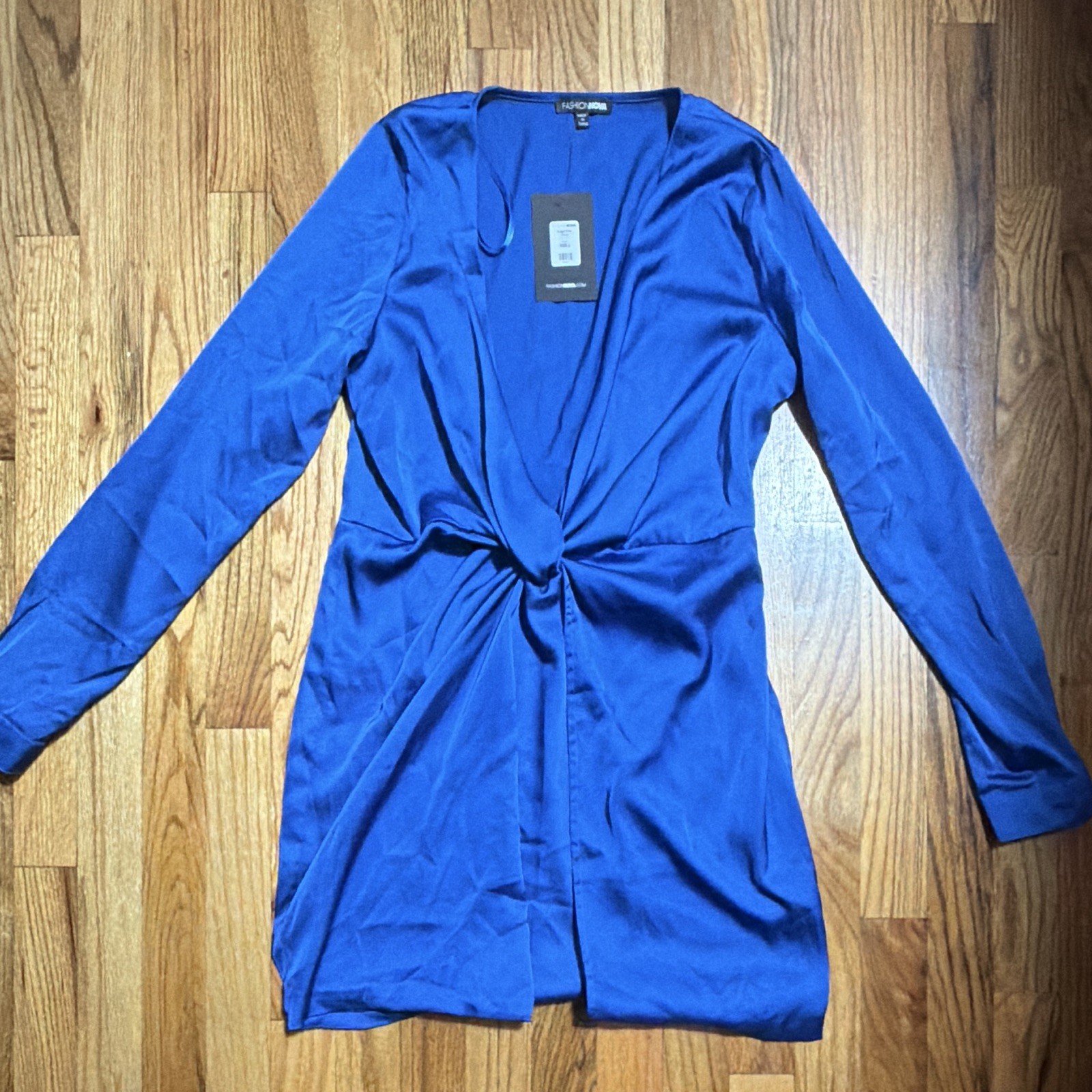 Fashion Nova Blue Satin V-Neck Long Sleeve Tie Front Mini Dress Solid L
