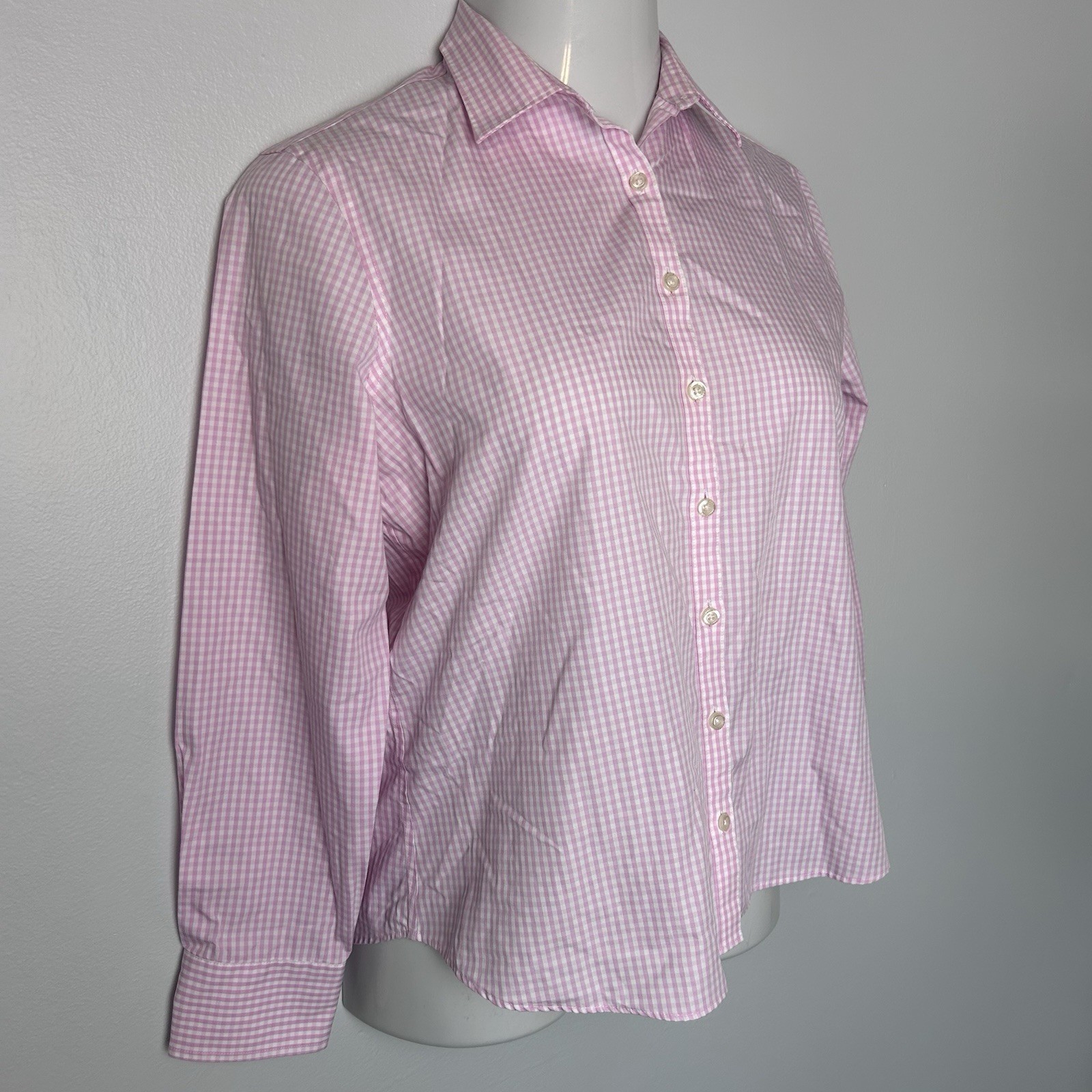 Lands End Womens 10P Button Front Shirt Pink White Gingham Check Supima