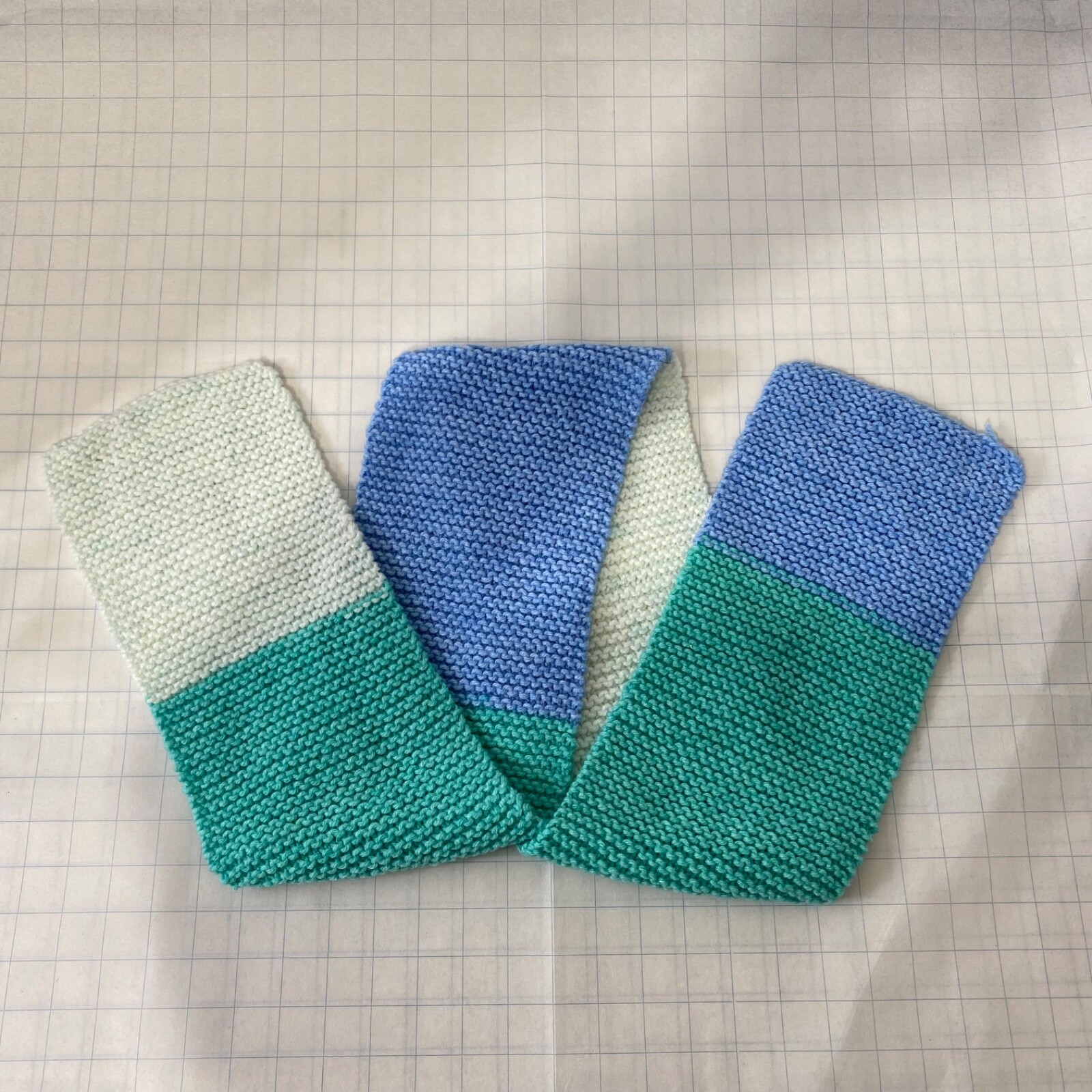 Crochet Knit Scarf Handmade Blue Green White 6.5 Inches X 64 Inches