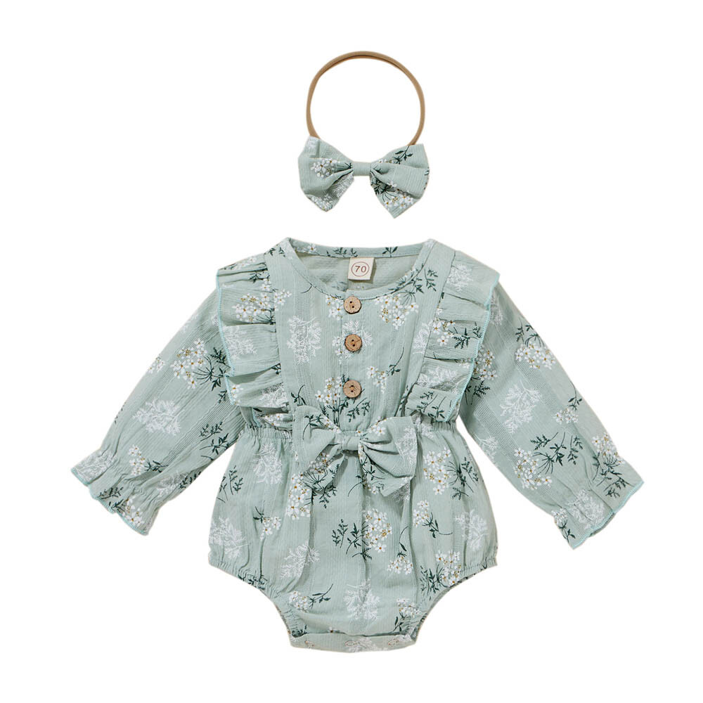 Newborn Infant Baby Girl Floral Romper Ruffle Bodysuit Jumpsuit Headband Clothes