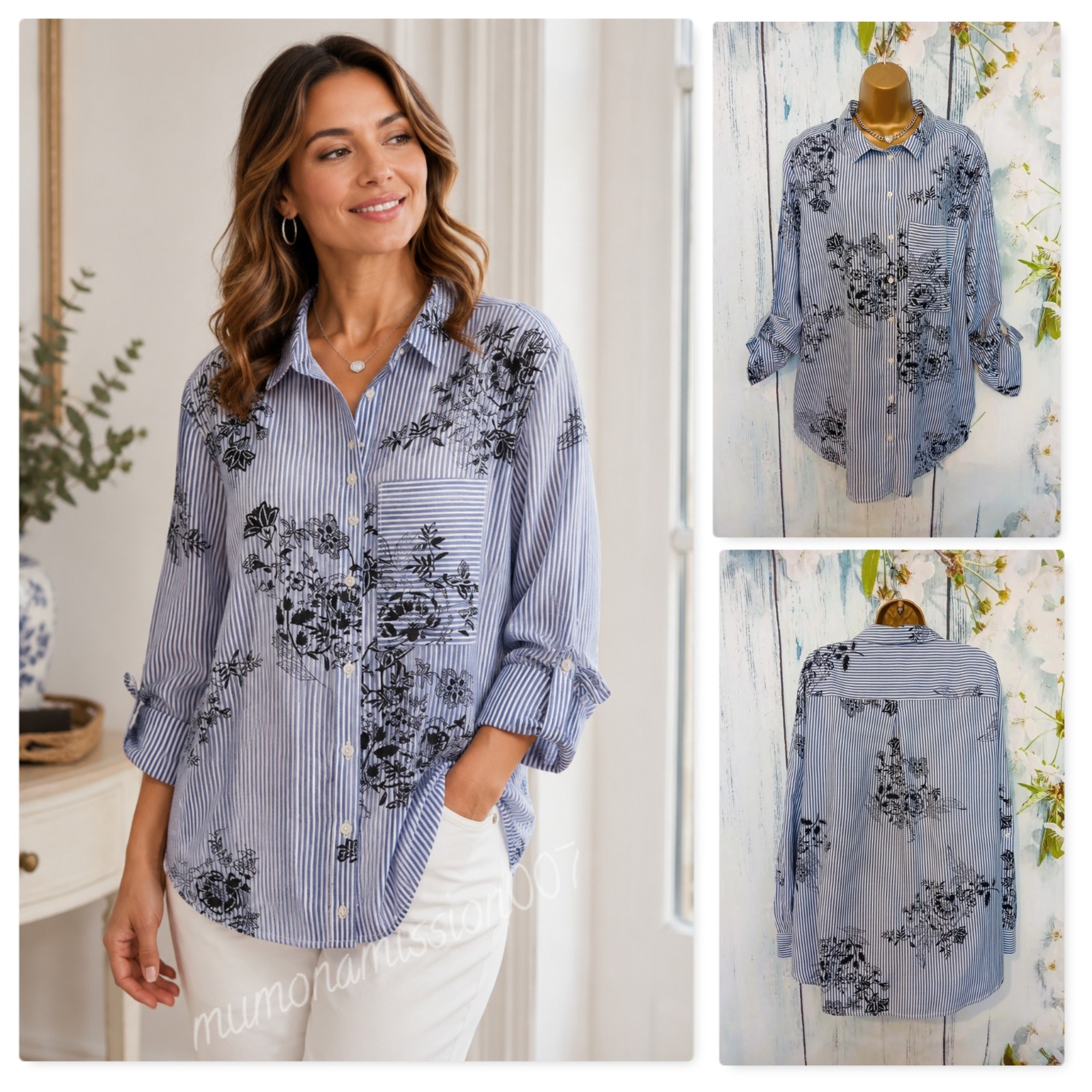 Debenhams Blue Stripe Floral Shirt Blouse Size 22 Roll Tab Sleeves and Pocket