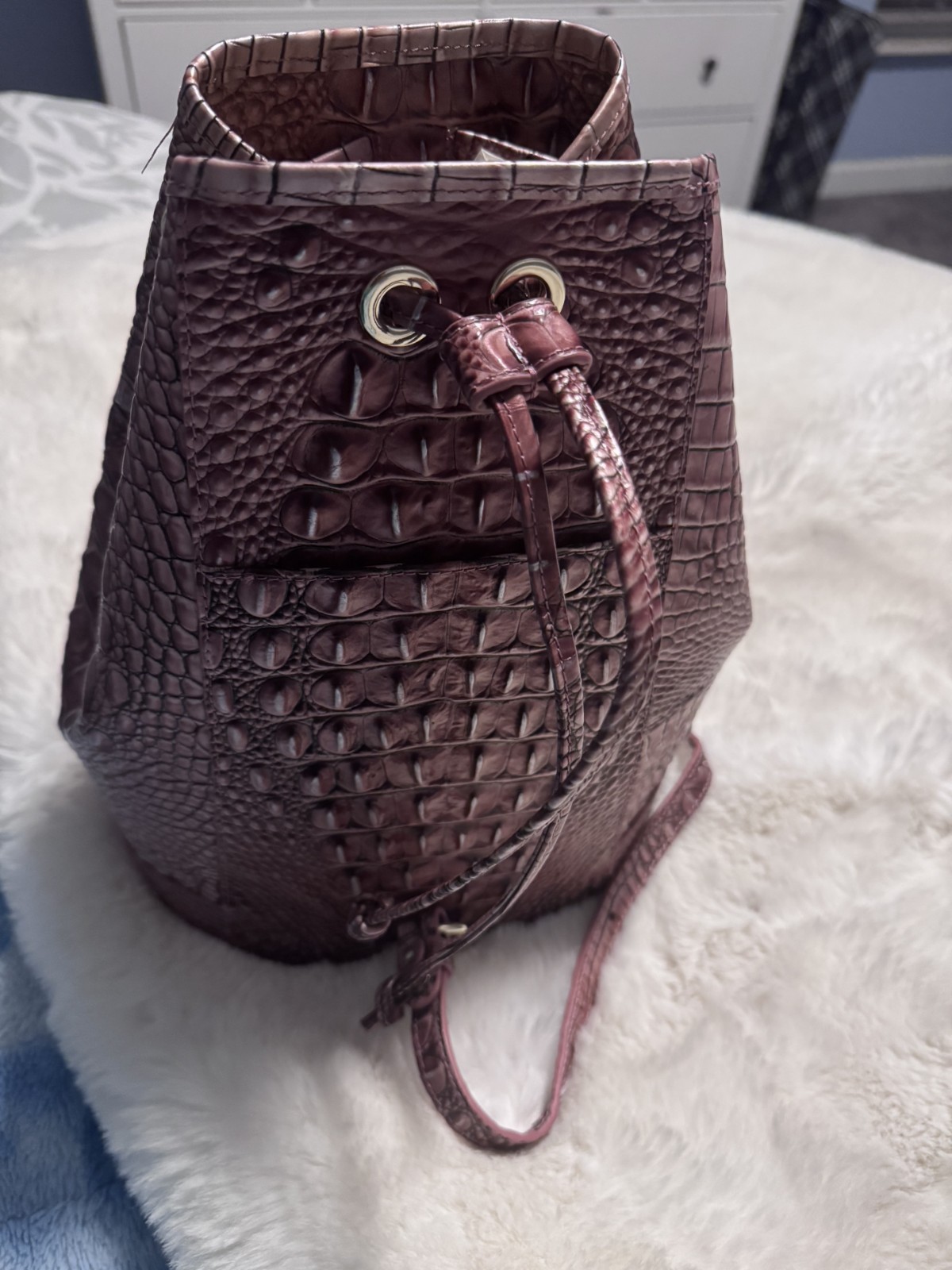 Brahmin Burgundy Embossed Animal Print Bucket Drawstring Bag