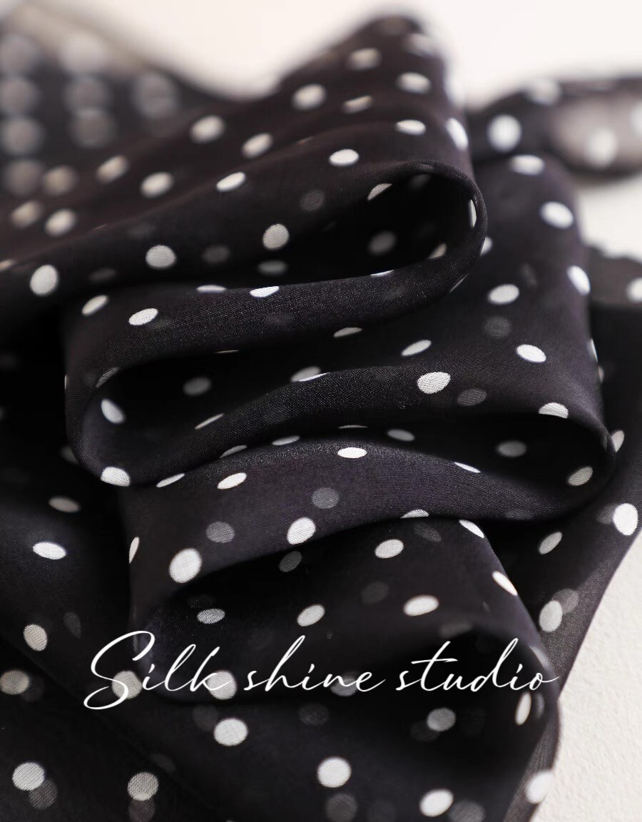 Chic Black & White Polka Dot 100% Silk Scarf -Lightweight 63″x12″ Oblong Summer