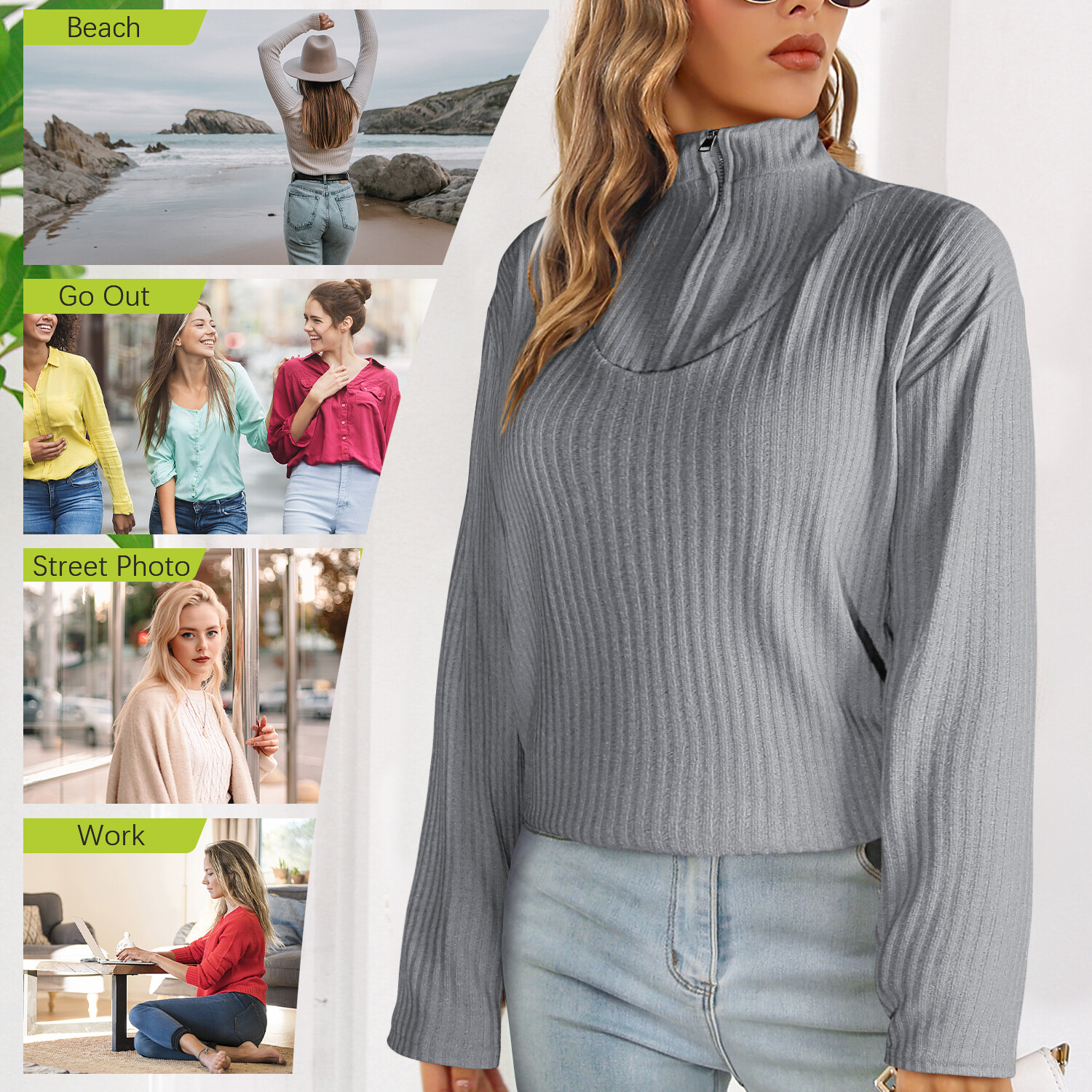Women’s Casual Long Sleeve Half Zip Pullover Sweaters Solid V Neck Collar Top