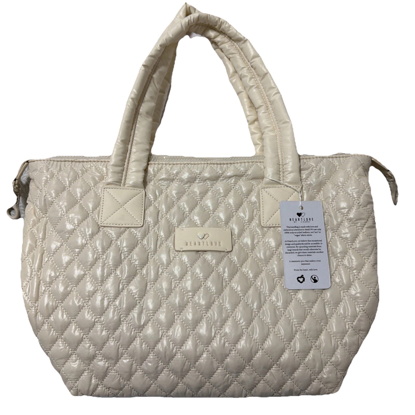 The Heart Love by Charo Collection Quilted Tote Bag Off White