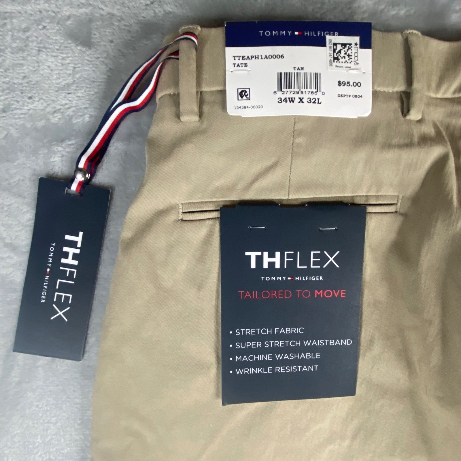 Tommy Hilfiger THFlex Tate Men Tan Stretch Chino Pants Casual Slacks 34×32 NEW