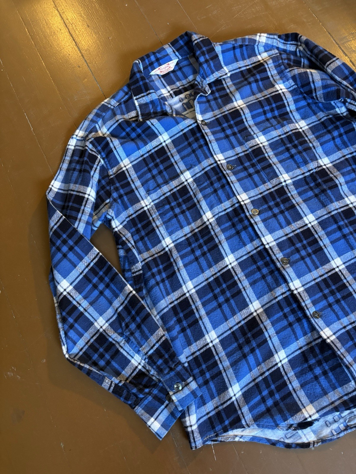 60s Sears Pilgrim Plaid Print Flannel Shirt 1960s Cotton Mens Large Blue