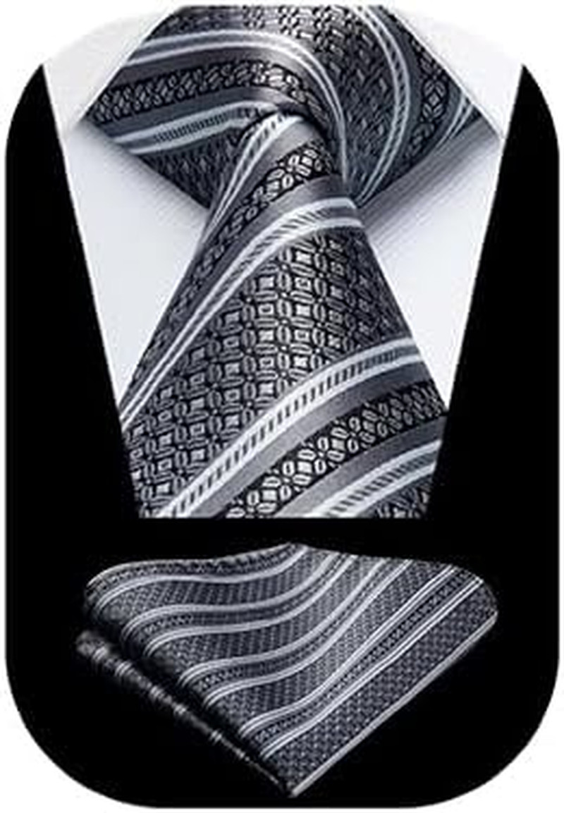 Stripe Tie Mens Ties with Pocket Square Set Classic 3.4” Silk Formal Necktie Ha