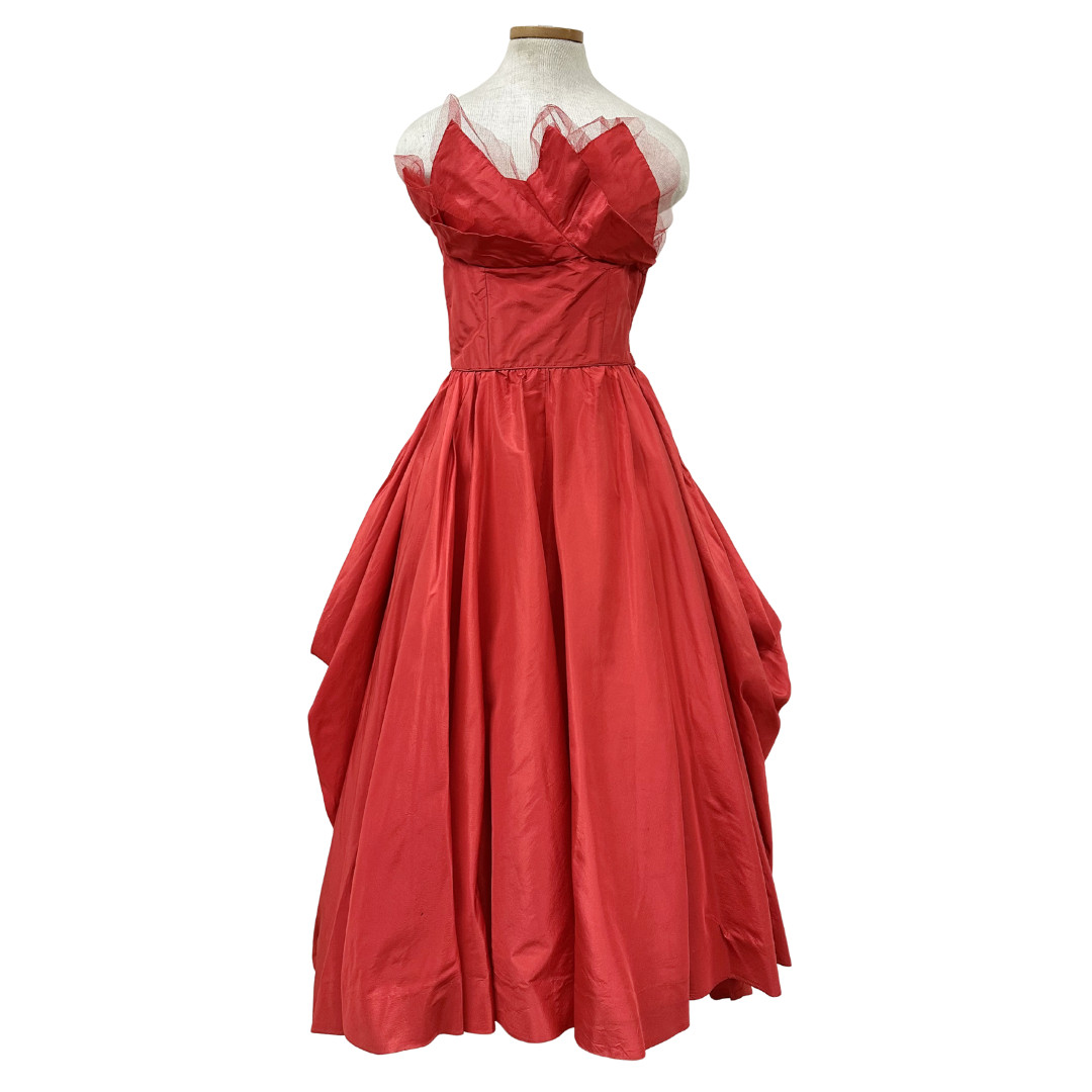 Vintage 1950s Ceil Chapman Red Taffeta Draped Bustle Pointed Bust Dress