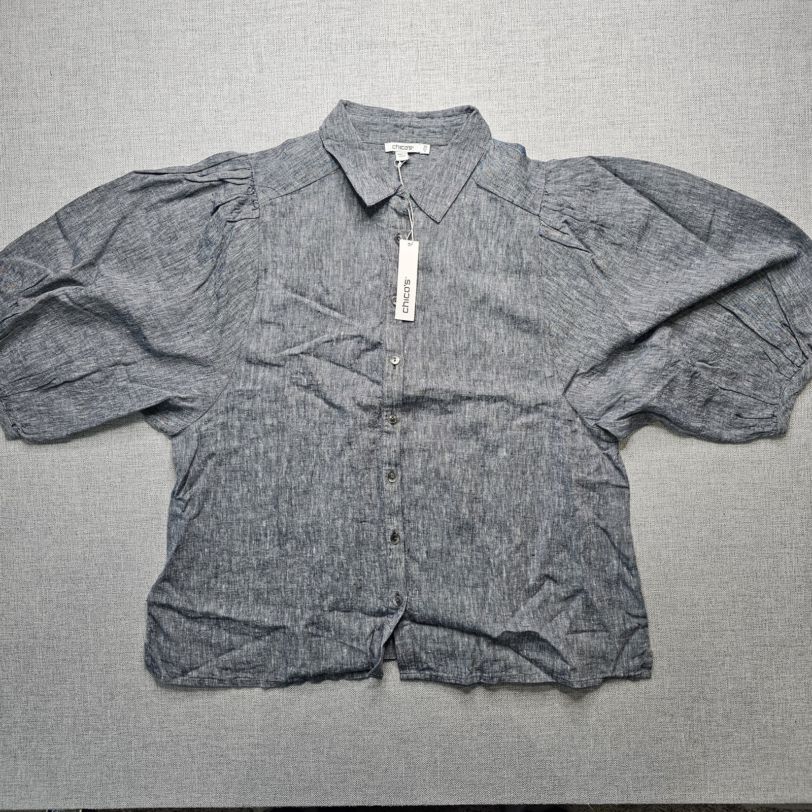 Chicos Linen Baloon Sleeve Shirt Size 3.5 (18) Classic Navy Blouse Cottagecore