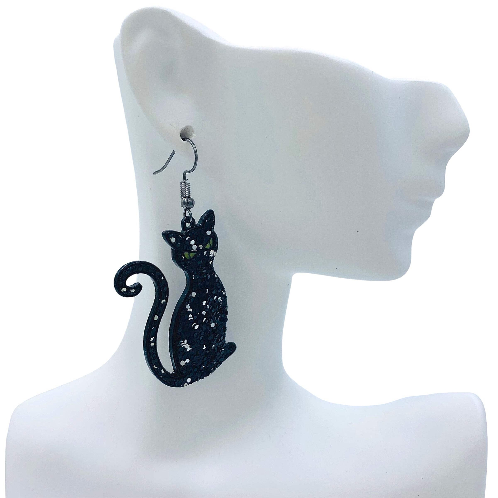 Black Cat Glitter Earrings – Halloween (1.25×2.25in)