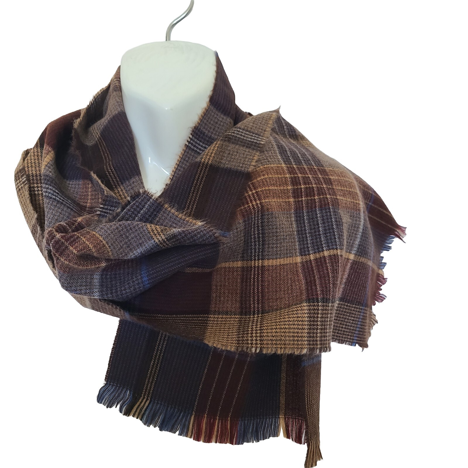 PACO RABANNE scarf FRANCE Plaid brown/ blue/ tan Acrylic unisex 54″ x12″ unused