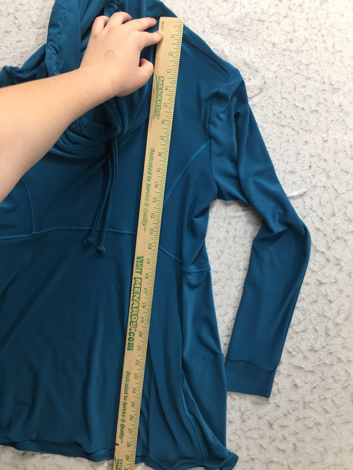 Sympli Tunic Blouse Womens 10 Dark Teal Cowl Neck Drawstring Long Sleeve Stretch