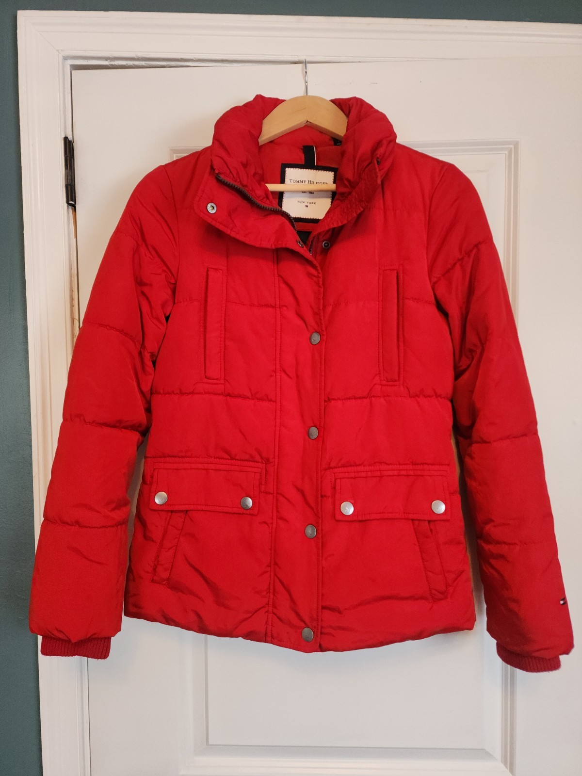 Tommy Hilfiger Red Puffer Jacket Women XS Pockets Snap & Zip Up