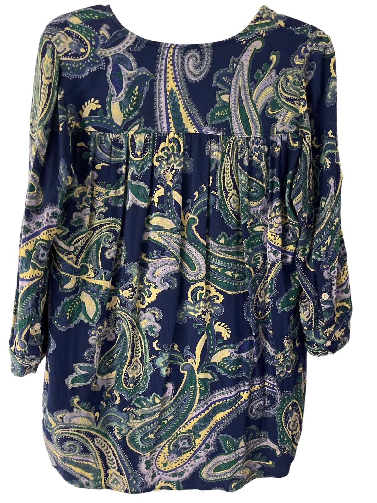 Nine West Jeans Top Womens Medium Blue Paisley Roll Tab Sleeve Hi Low Hem Tunic