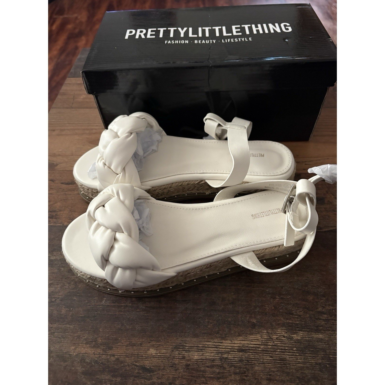 PrettyLittleThing White PU Plait Detail Strappy Espadrille Sandals Size 6 NEW