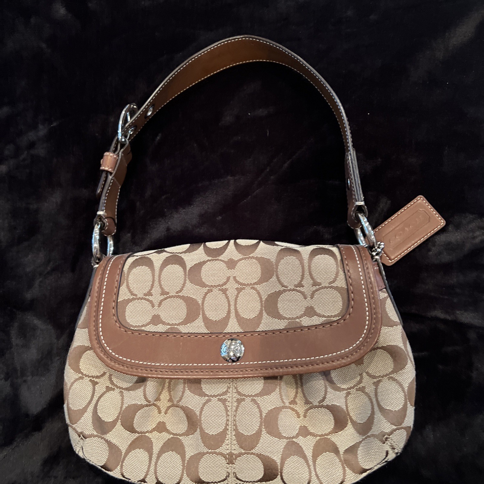 Authentic Coach F13738 Signature Flap Shoulder Bag Brown Khaki Jacquard Purse