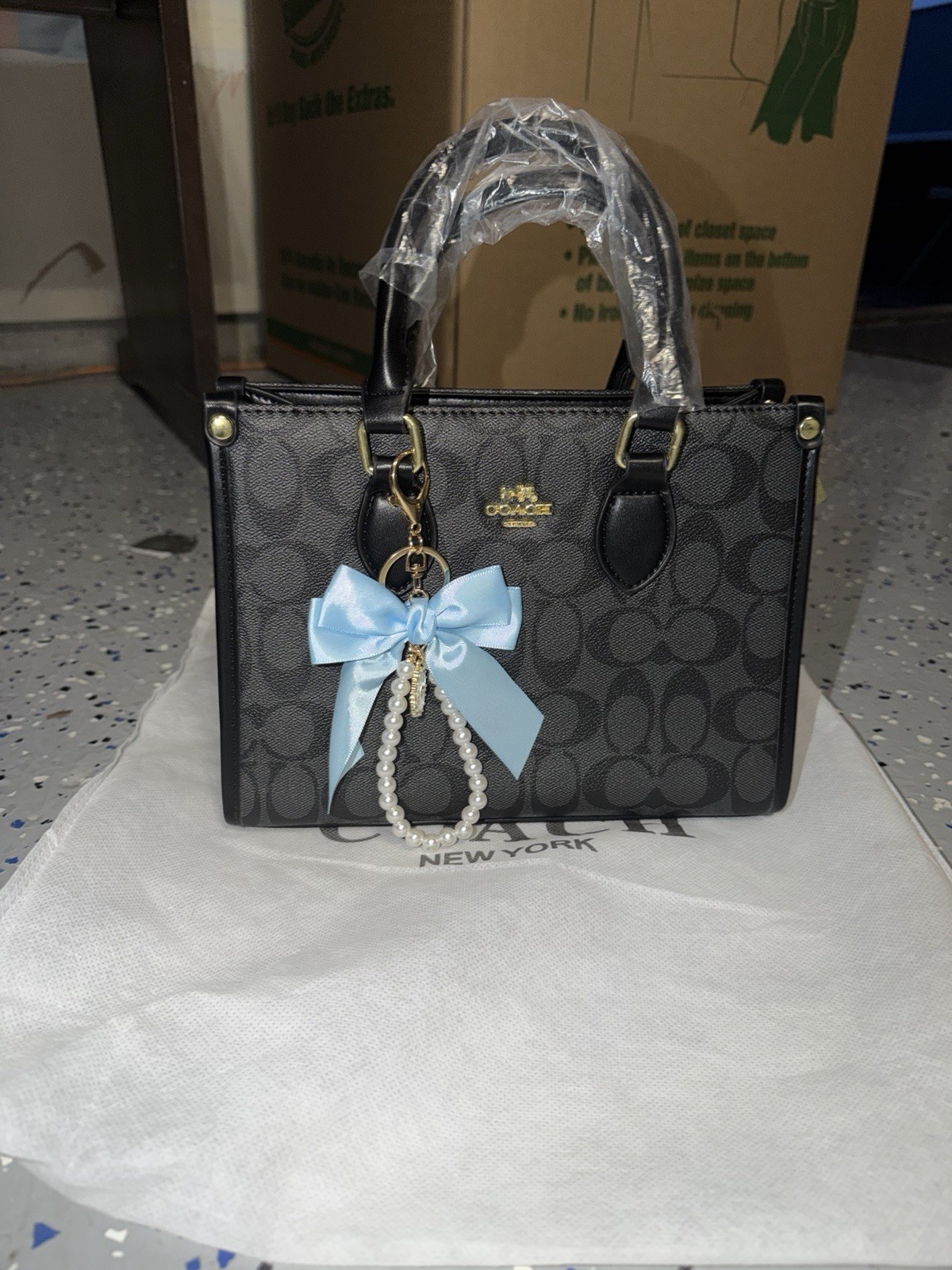 Coach Black Logo Satchel Zip Closure Gold Hardware Bow Pearl Bag Charm